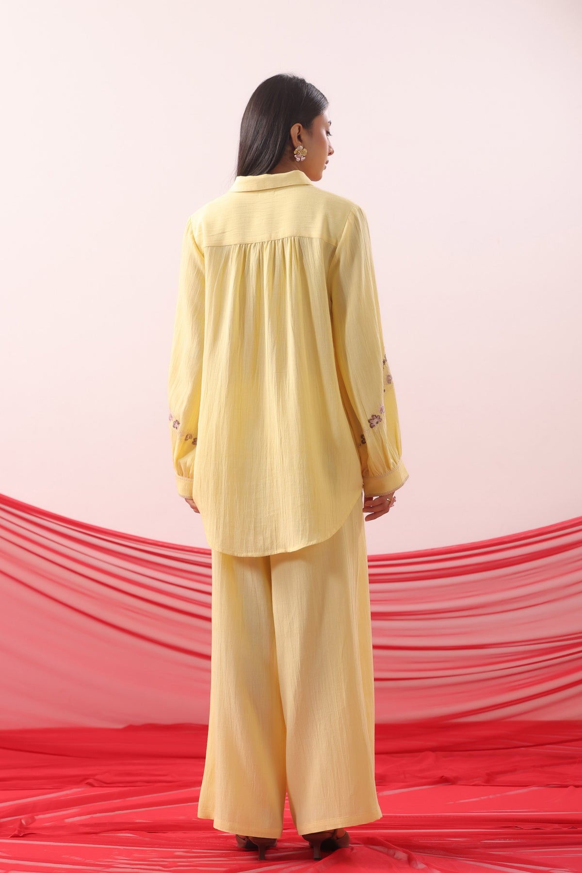 Lemon Yellow Botanical Embroidered Relaxed Co-ord Set