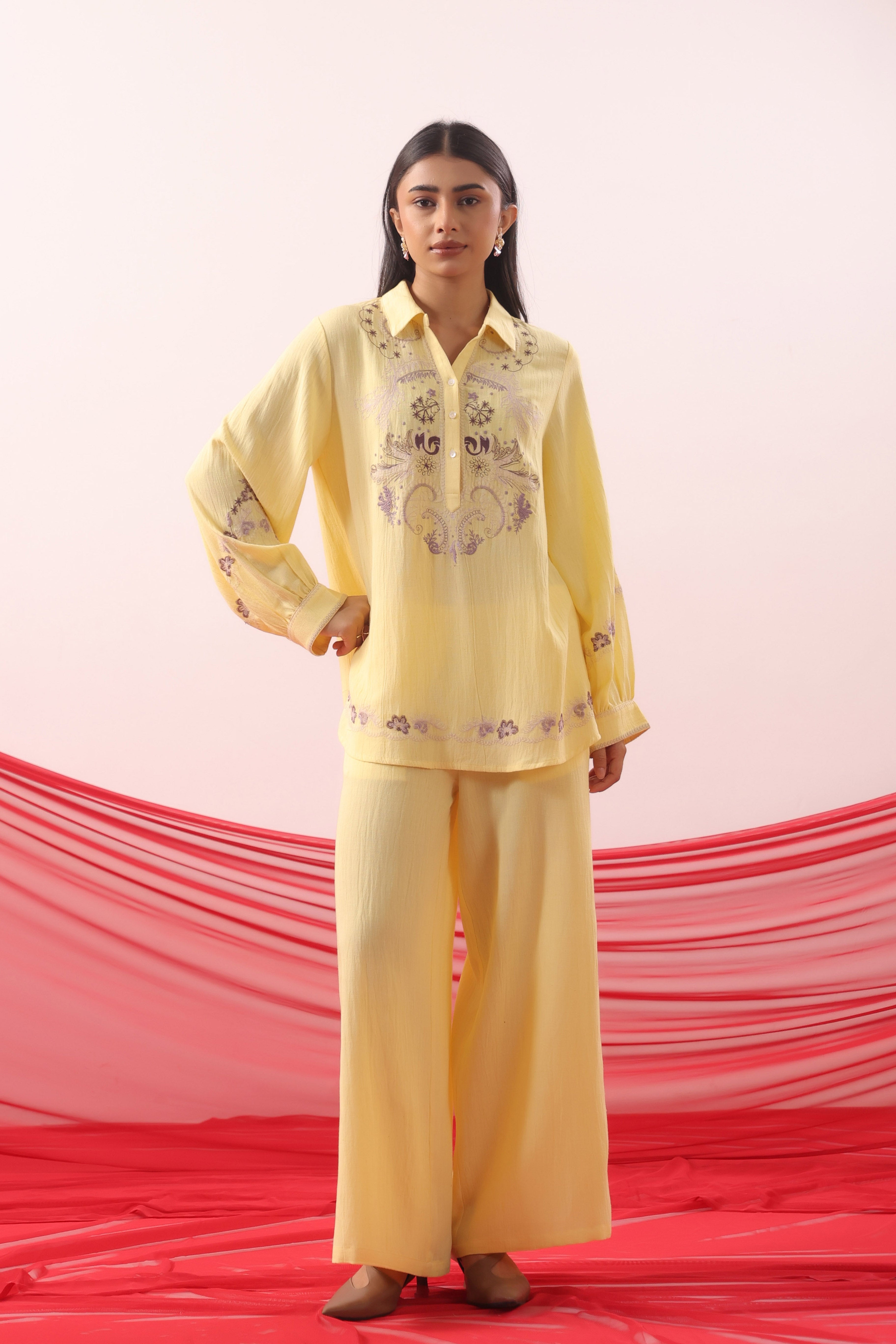Lemon Yellow Botanical Embroidered Relaxed Co-ord Set