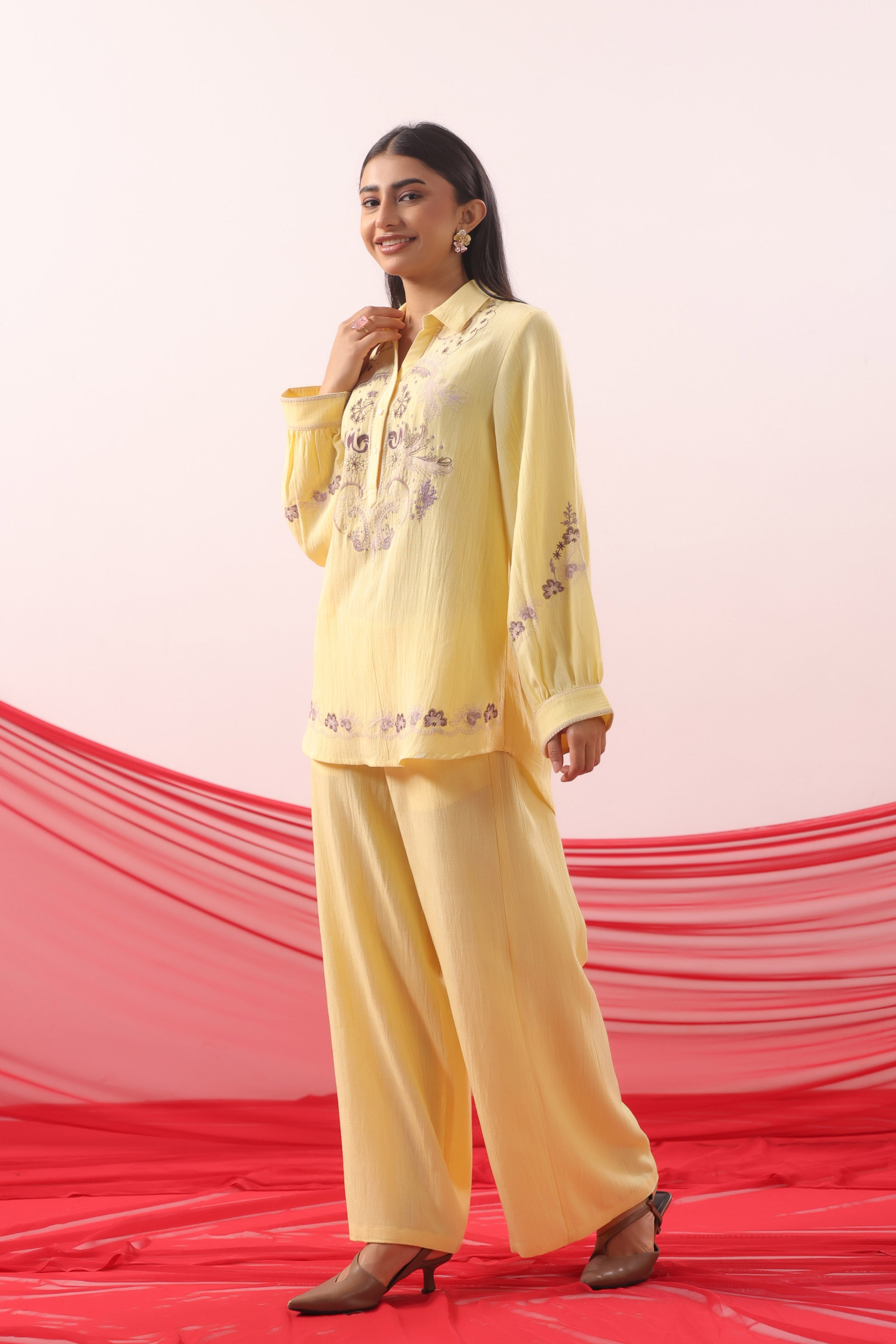 Lemon Yellow Botanical Embroidered Relaxed Co-ord Set