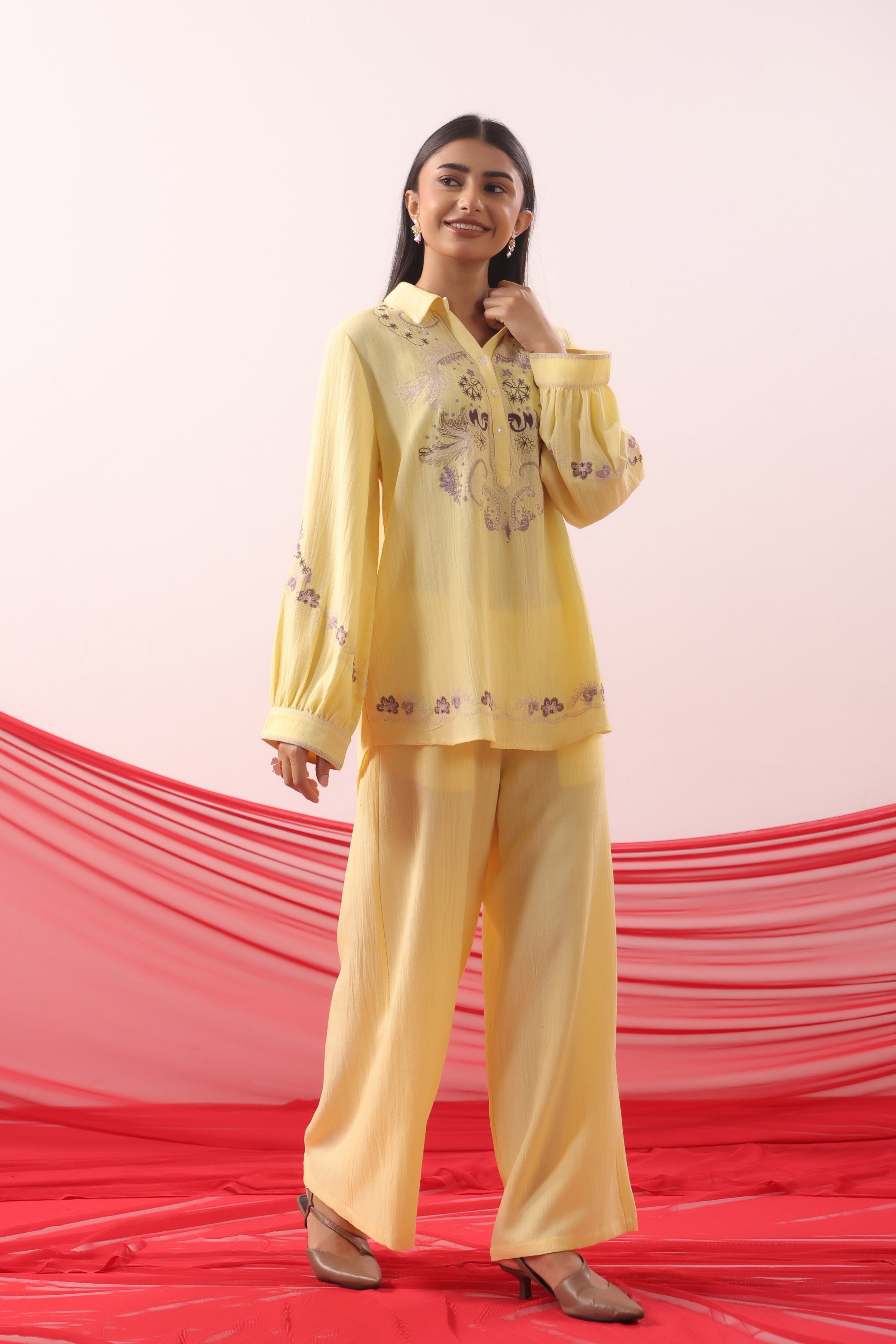 Lemon Yellow Botanical Embroidered Relaxed Co-ord Set