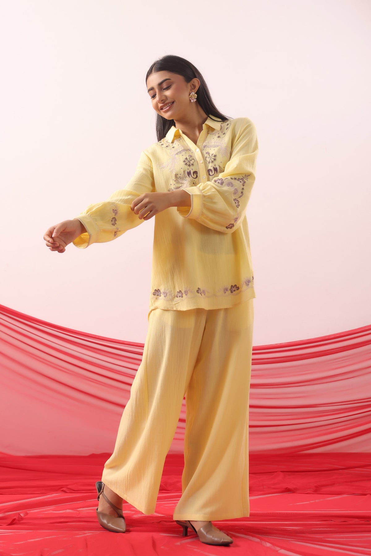 Lemon Yellow Botanical Embroidered Relaxed Co-ord Set