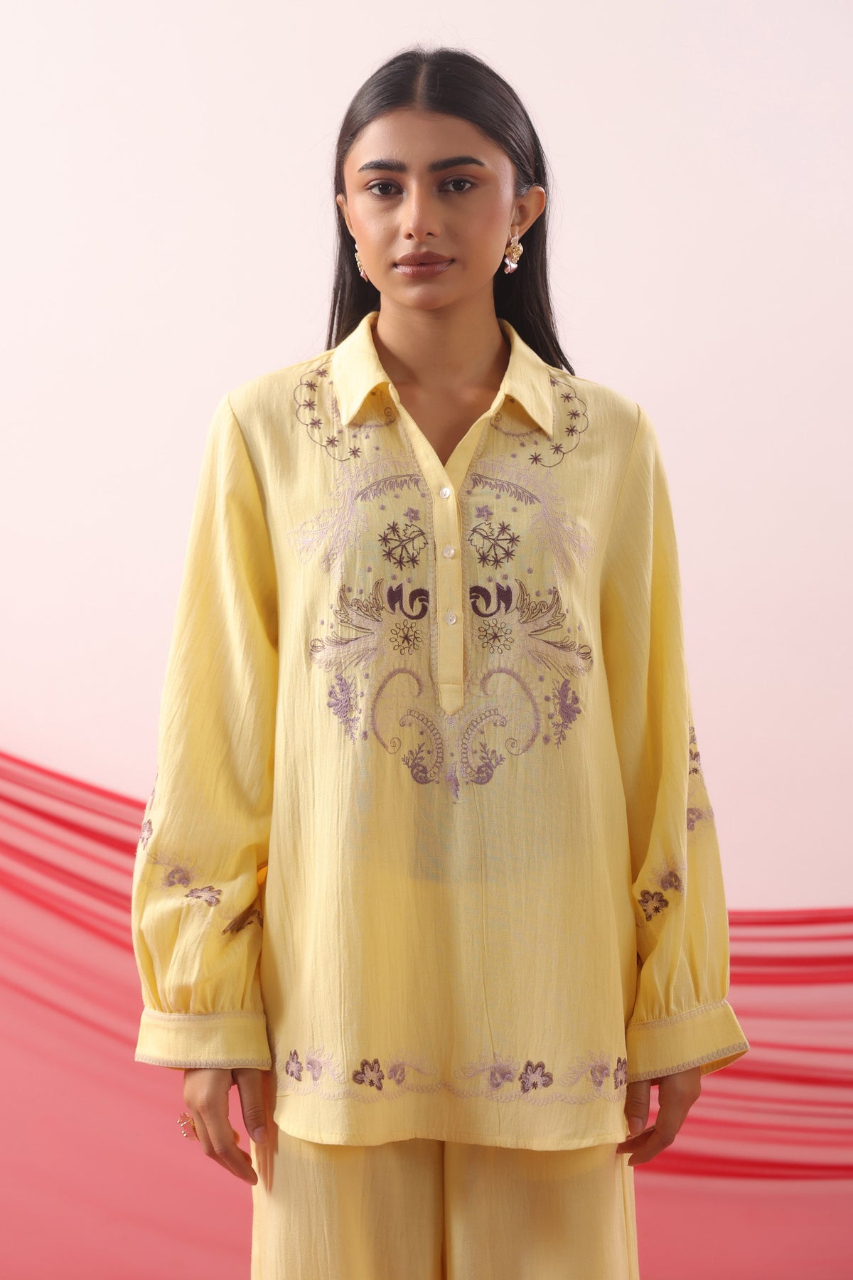 Lemon Yellow Botanical Embroidered Relaxed Co-ord Set