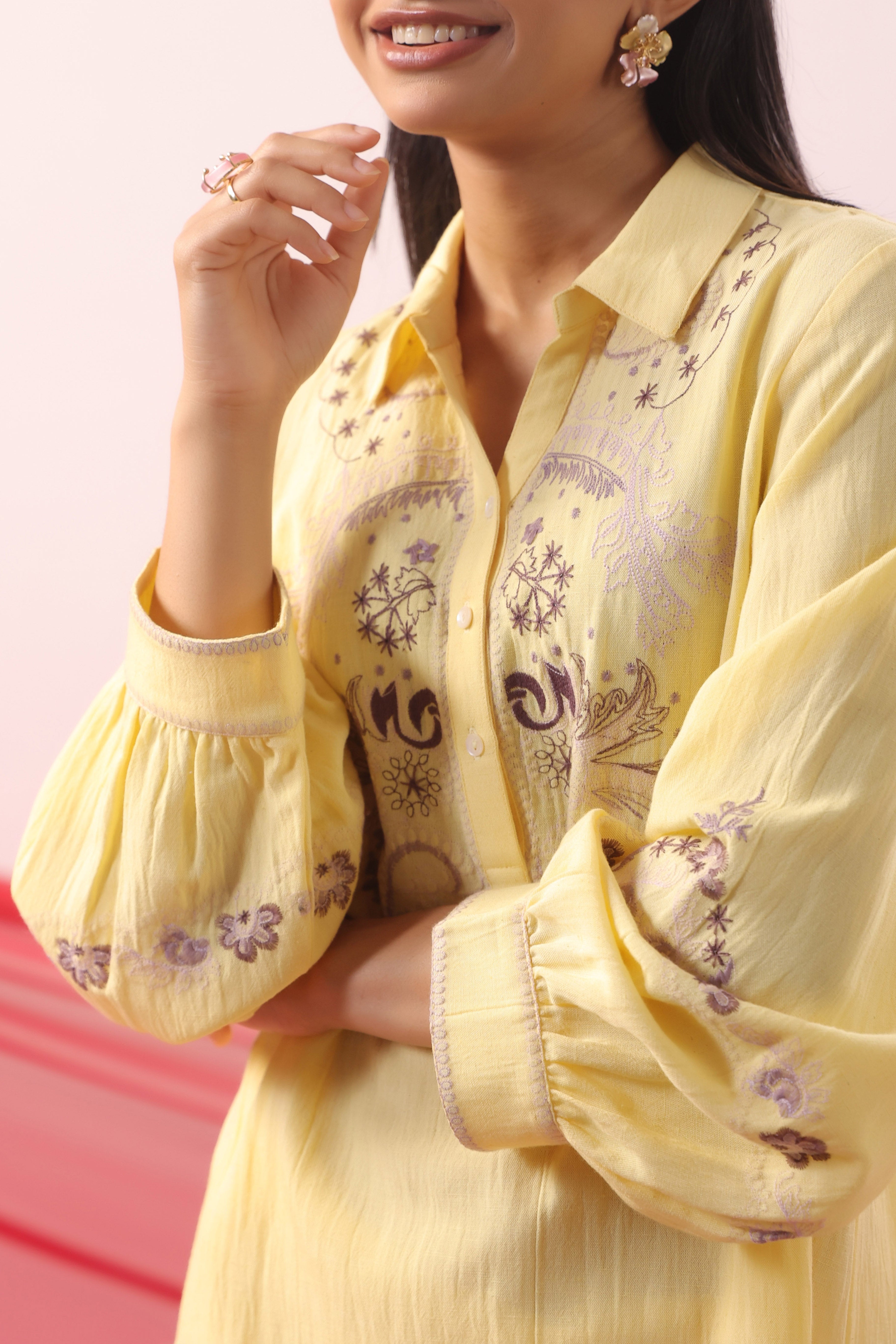 Lemon Yellow Botanical Embroidered Relaxed Co-ord Set
