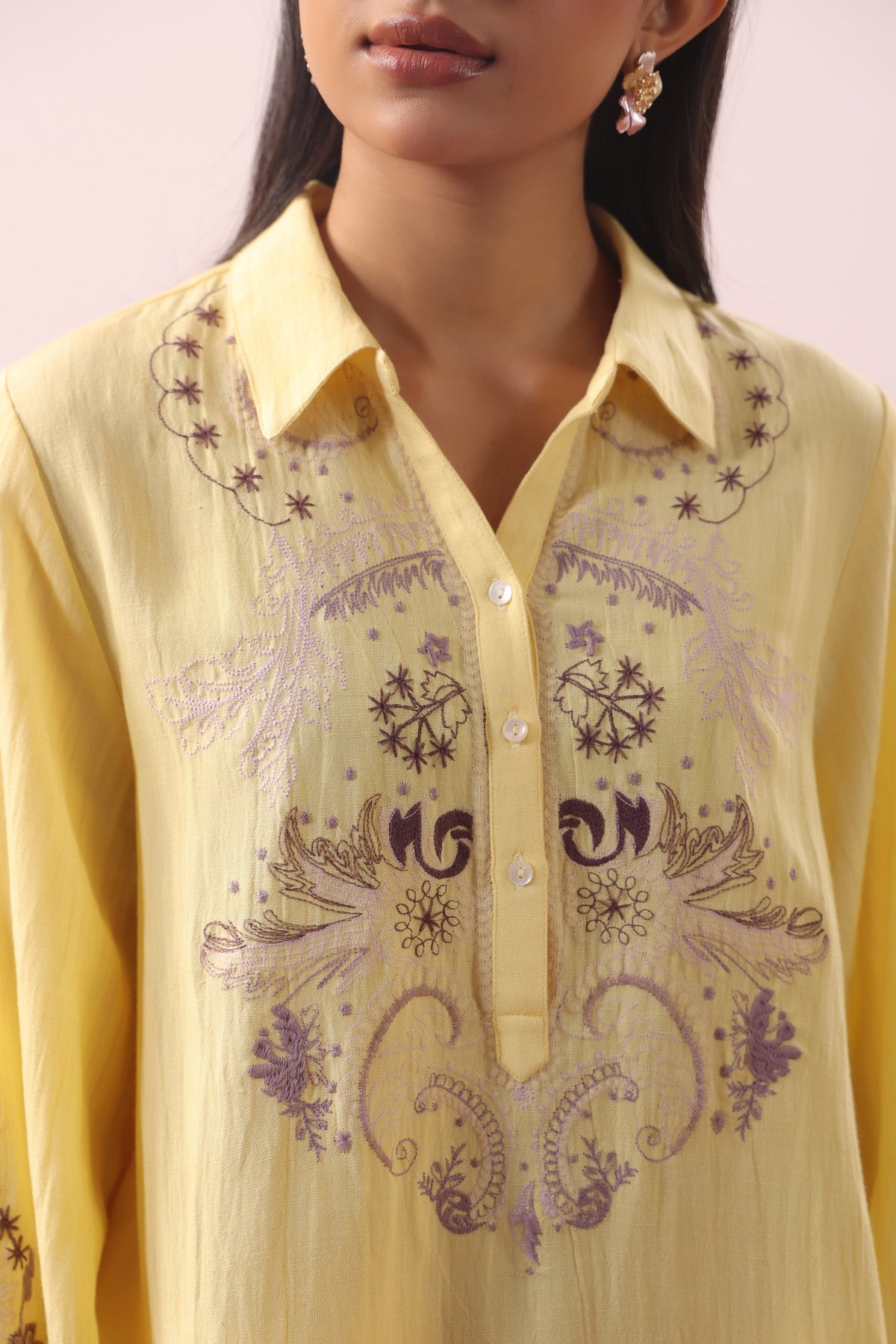 Lemon Yellow Botanical Embroidered Relaxed Co-ord Set