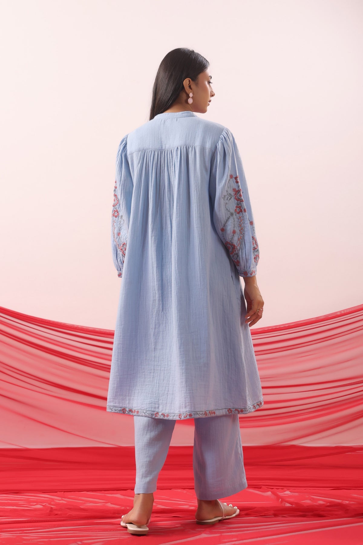 Powder Blue Floral Embroidered Kurta Co-ord Set