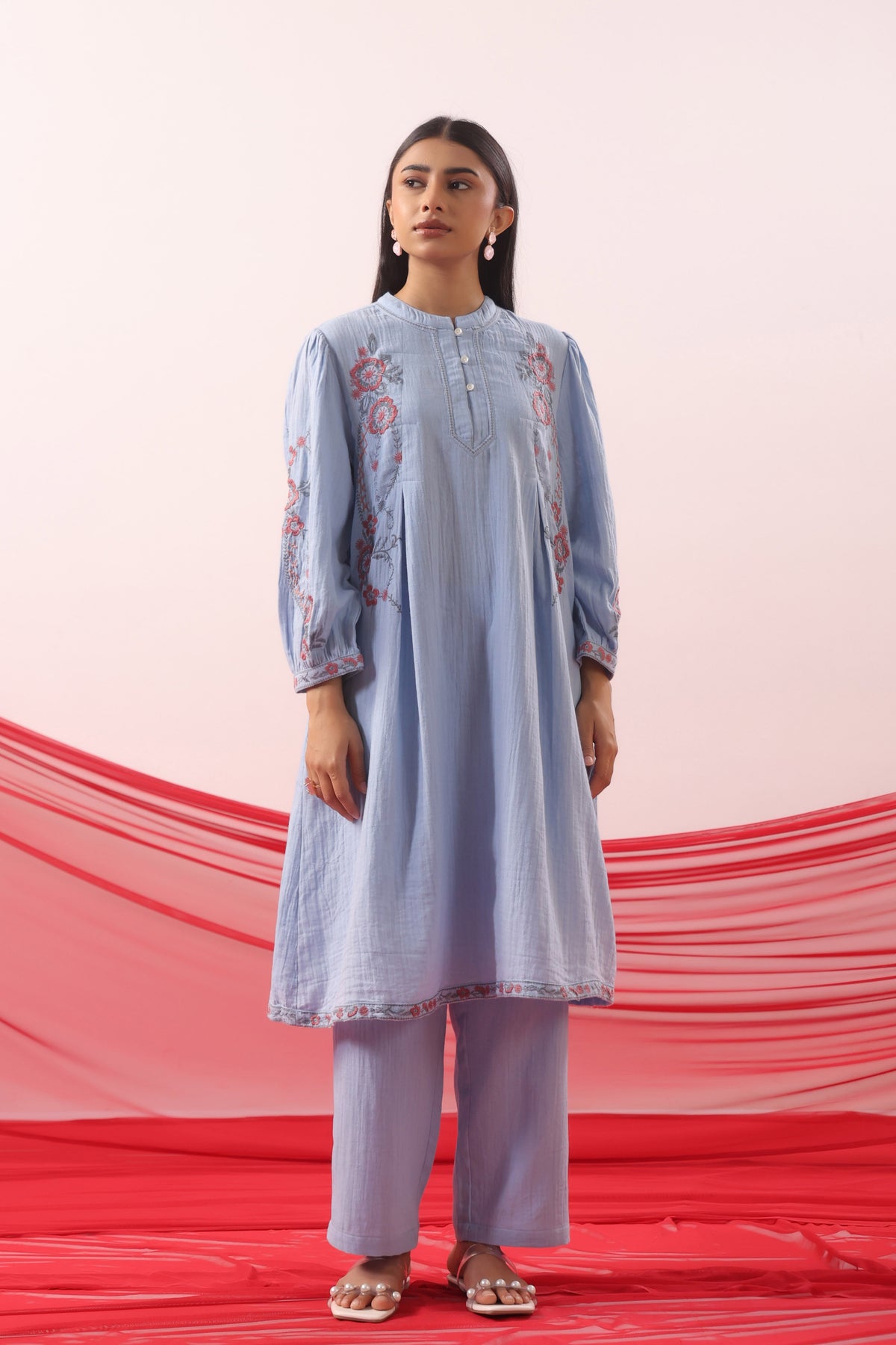 Powder Blue Floral Embroidered Kurta Co-ord Set