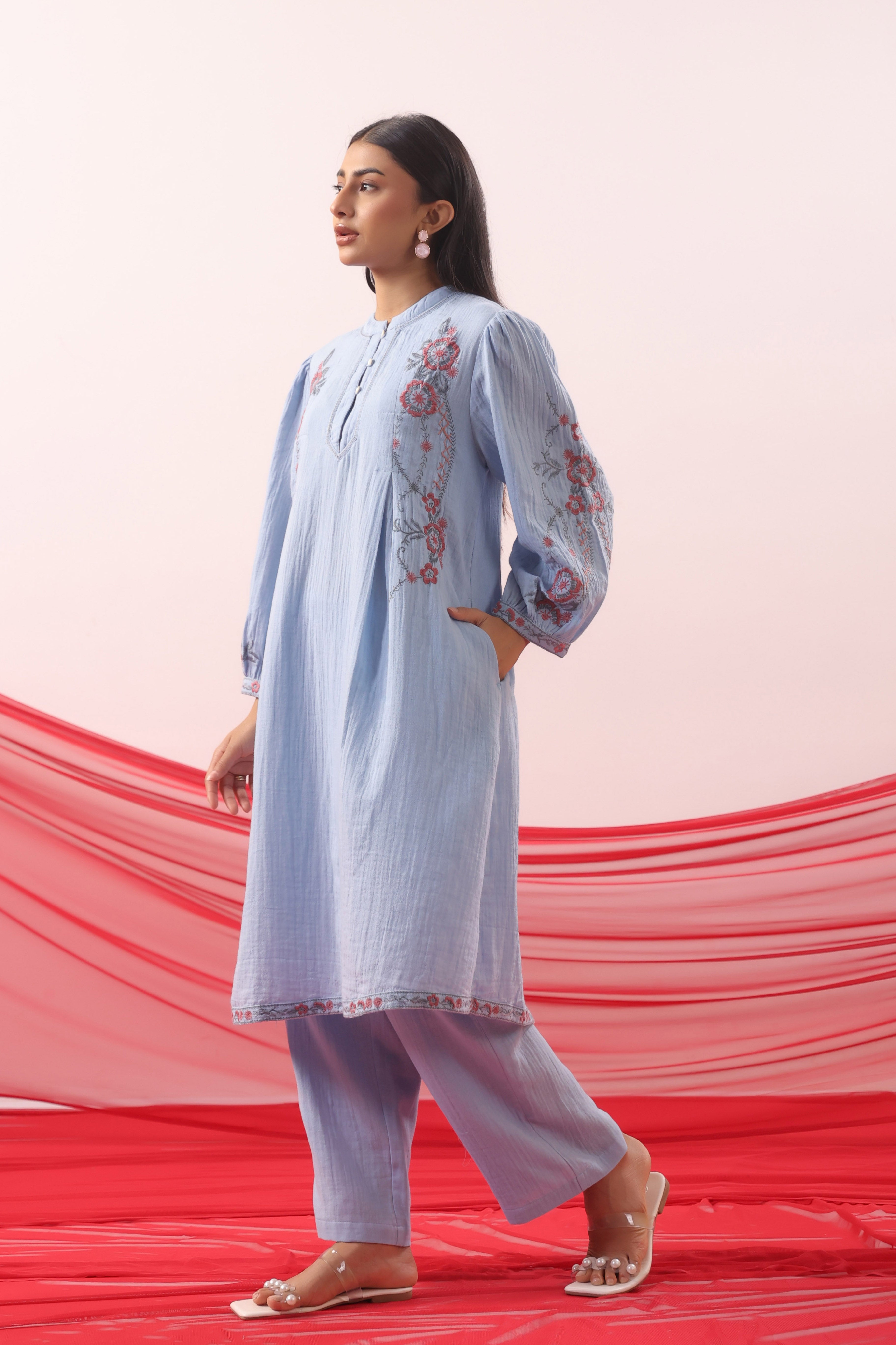 Powder Blue Floral Embroidered Kurta Co-ord Set