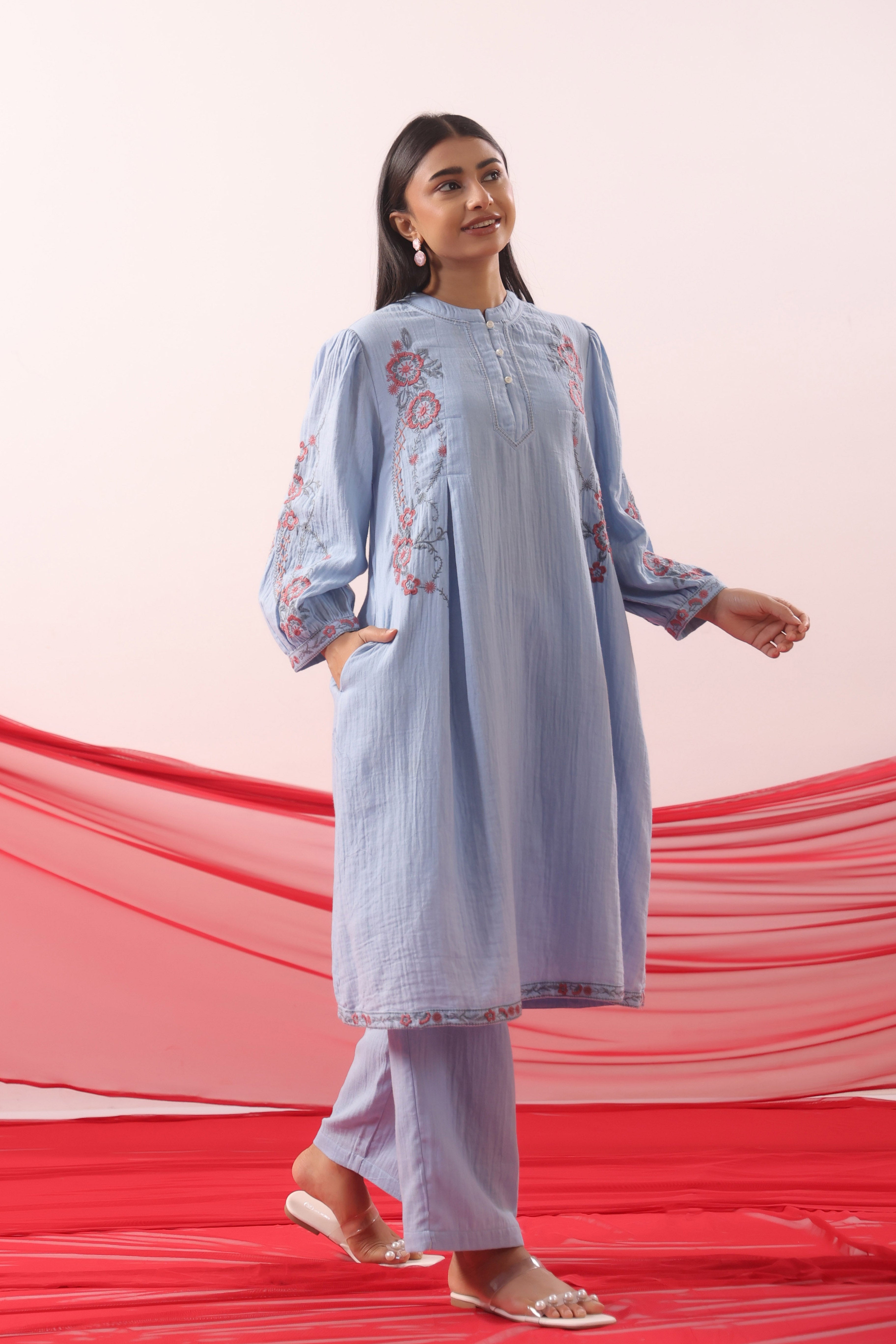 Powder Blue Floral Embroidered Kurta Co-ord Set