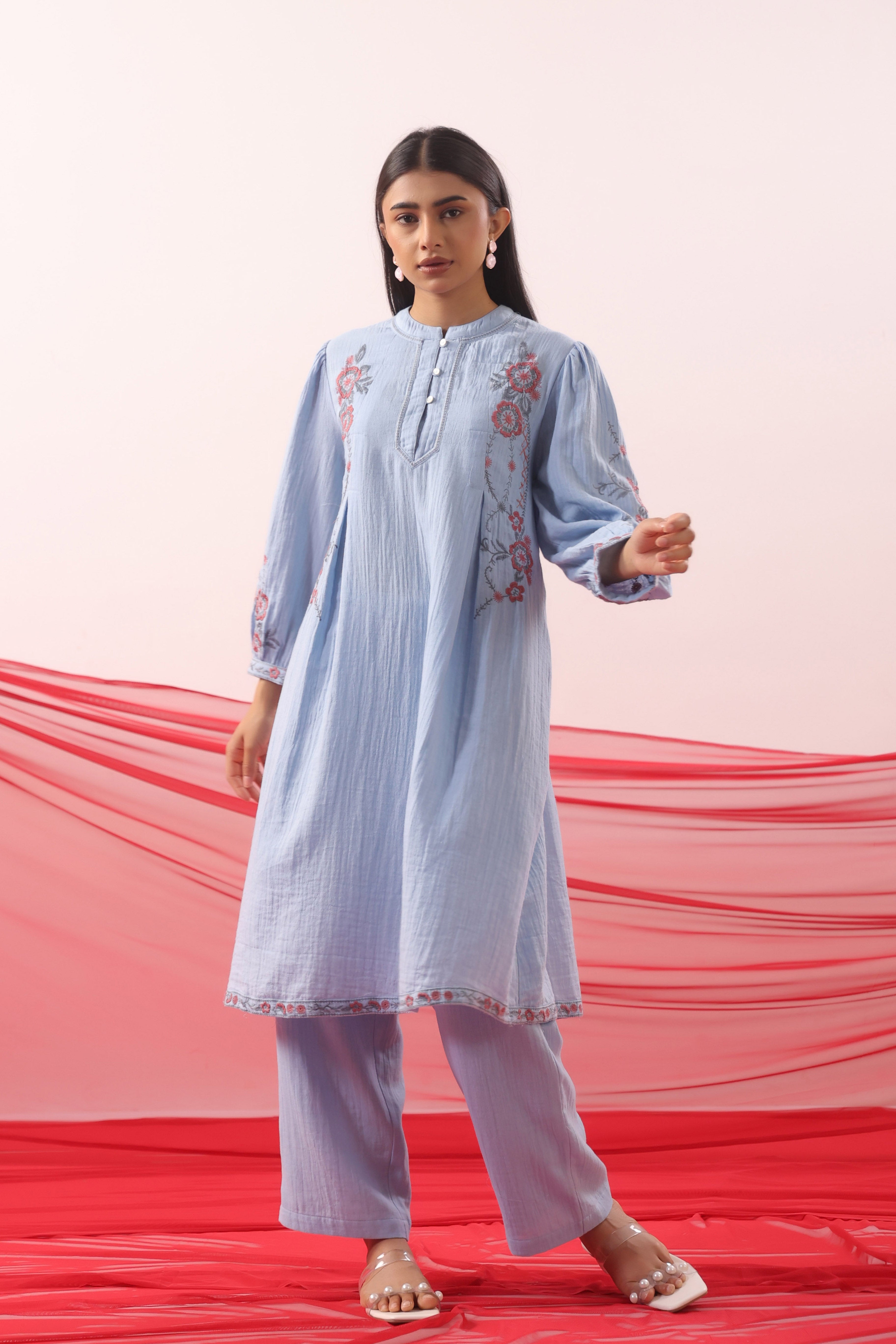 Powder Blue Floral Embroidered Kurta Co-ord Set