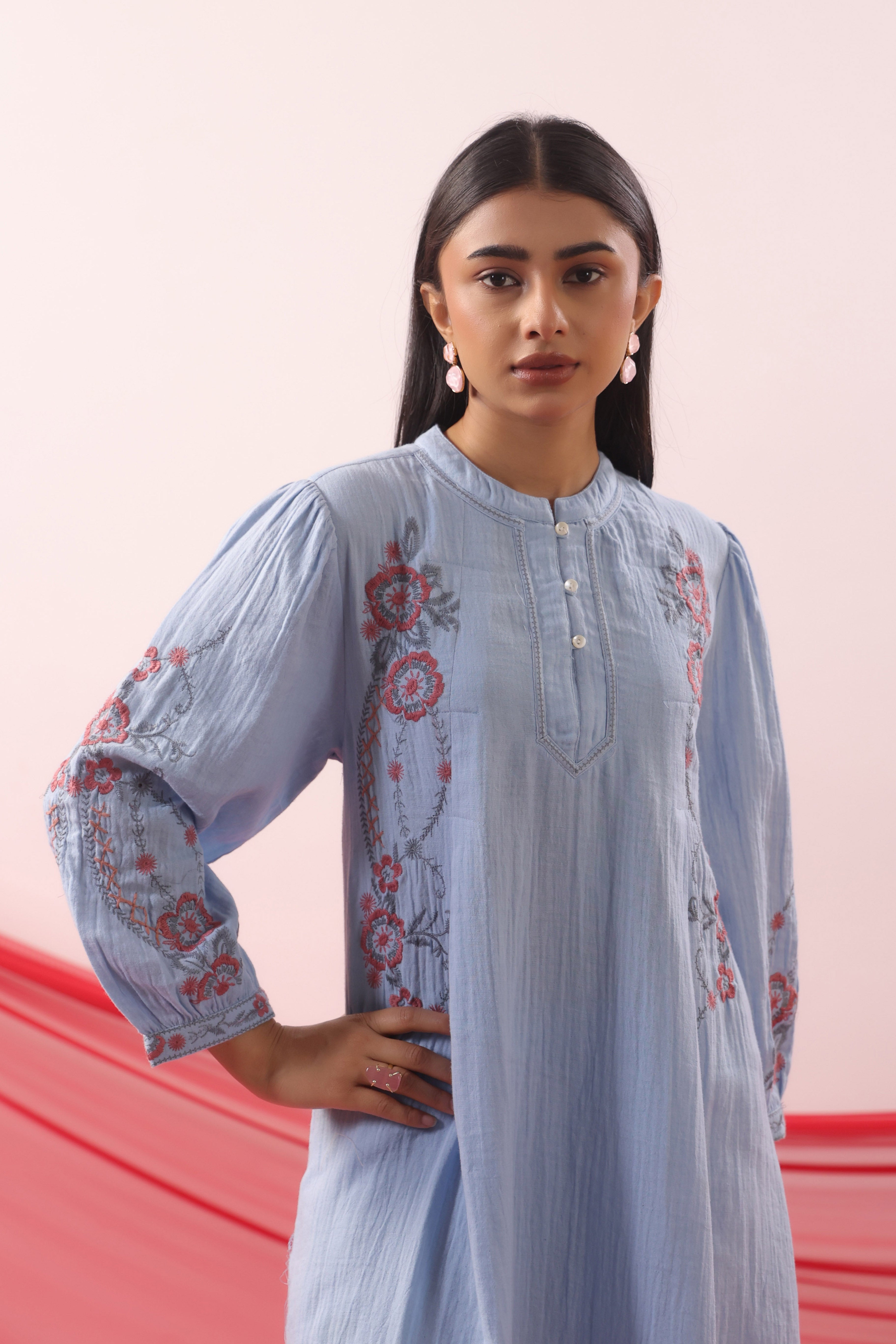 Powder Blue Floral Embroidered Kurta Co-ord Set