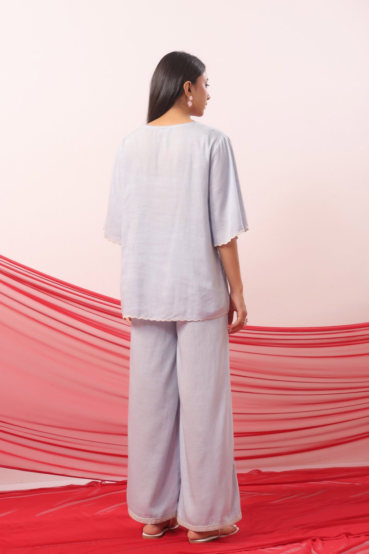 Pastel Blue Botanical Embroidered Palazzo Co-ord Set