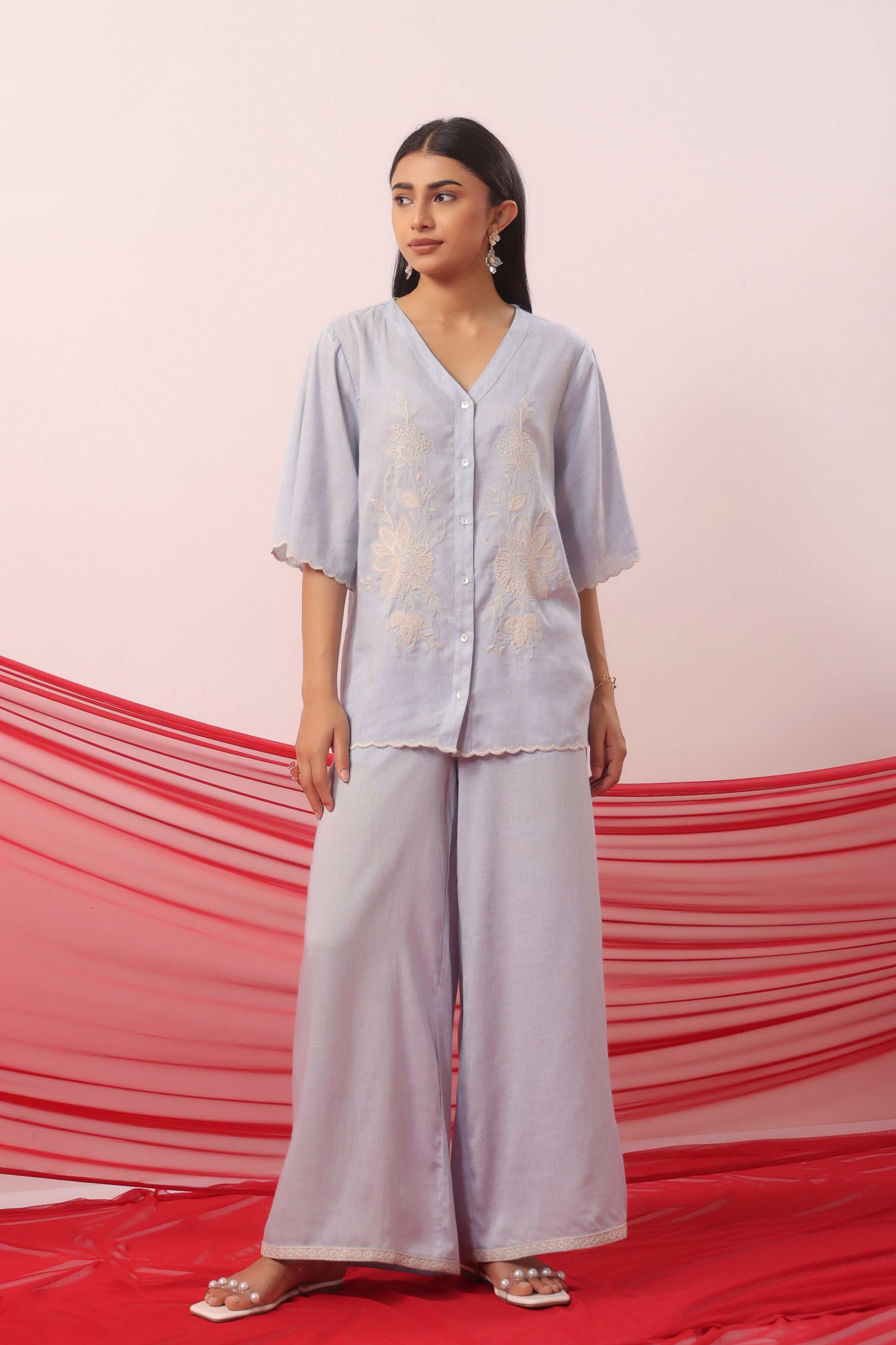 Pastel Blue Botanical Embroidered Palazzo Co-ord Set