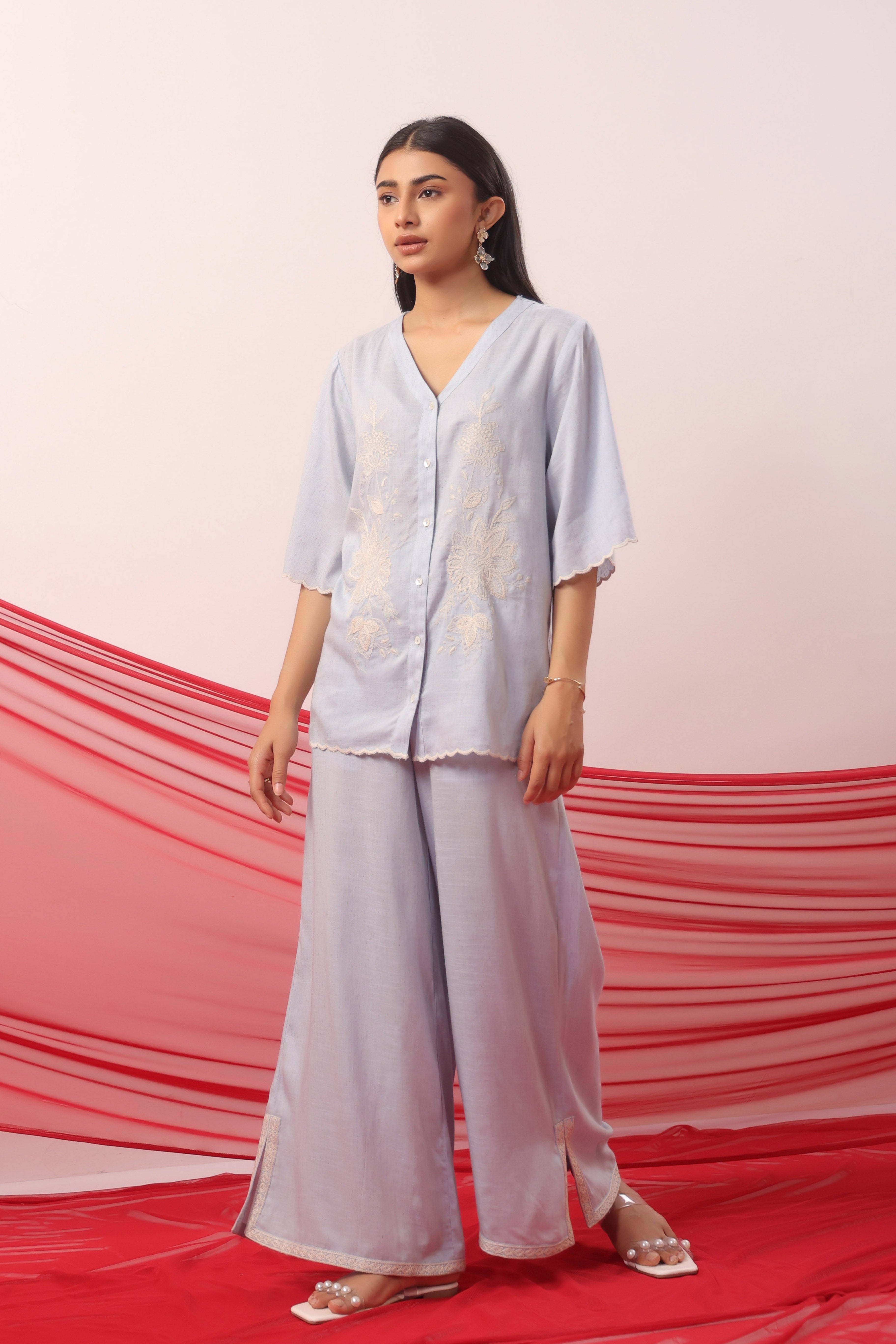 Pastel Blue Botanical Embroidered Palazzo Co-ord Set