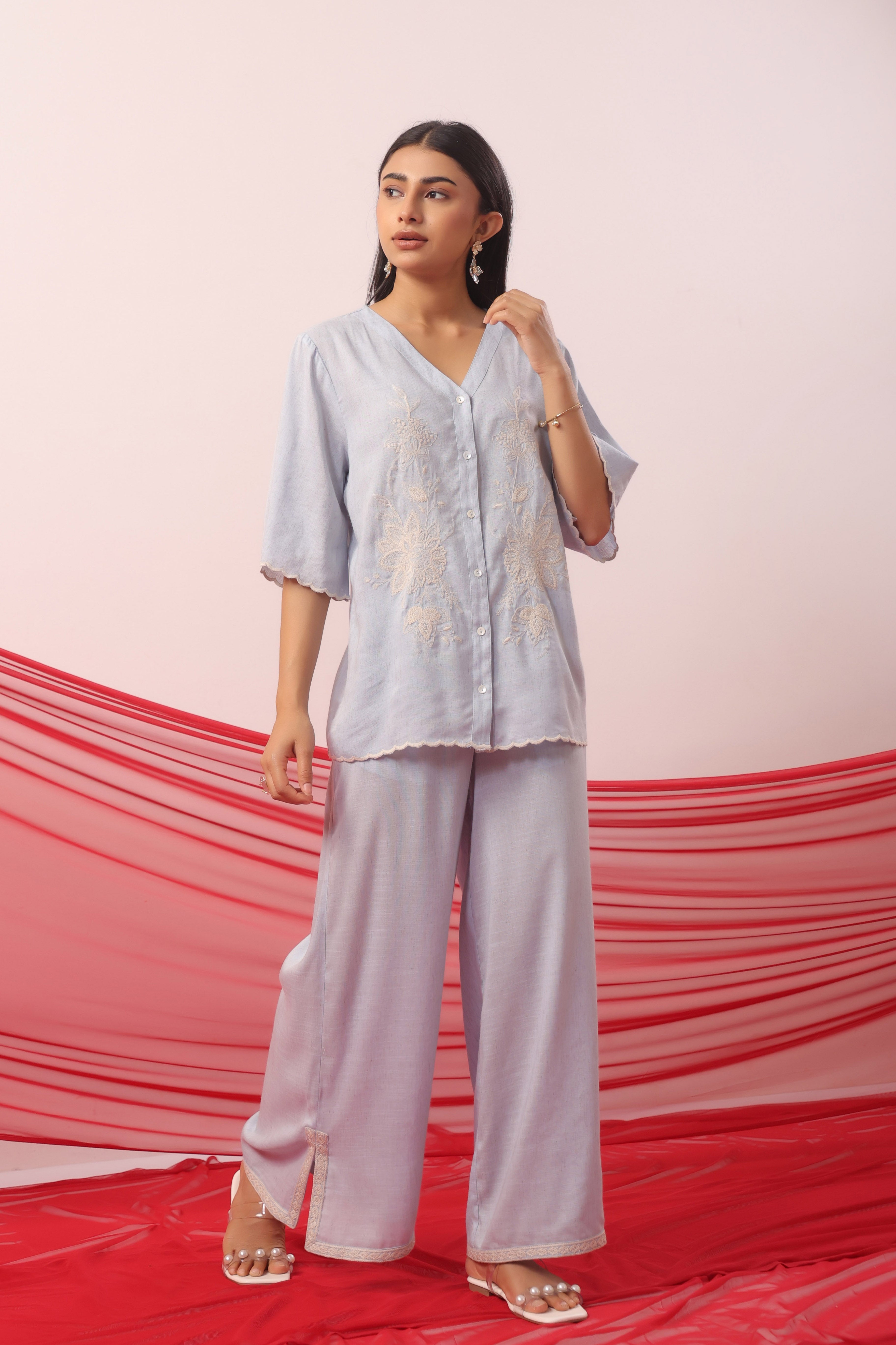 Pastel Blue Botanical Embroidered Palazzo Co-ord Set