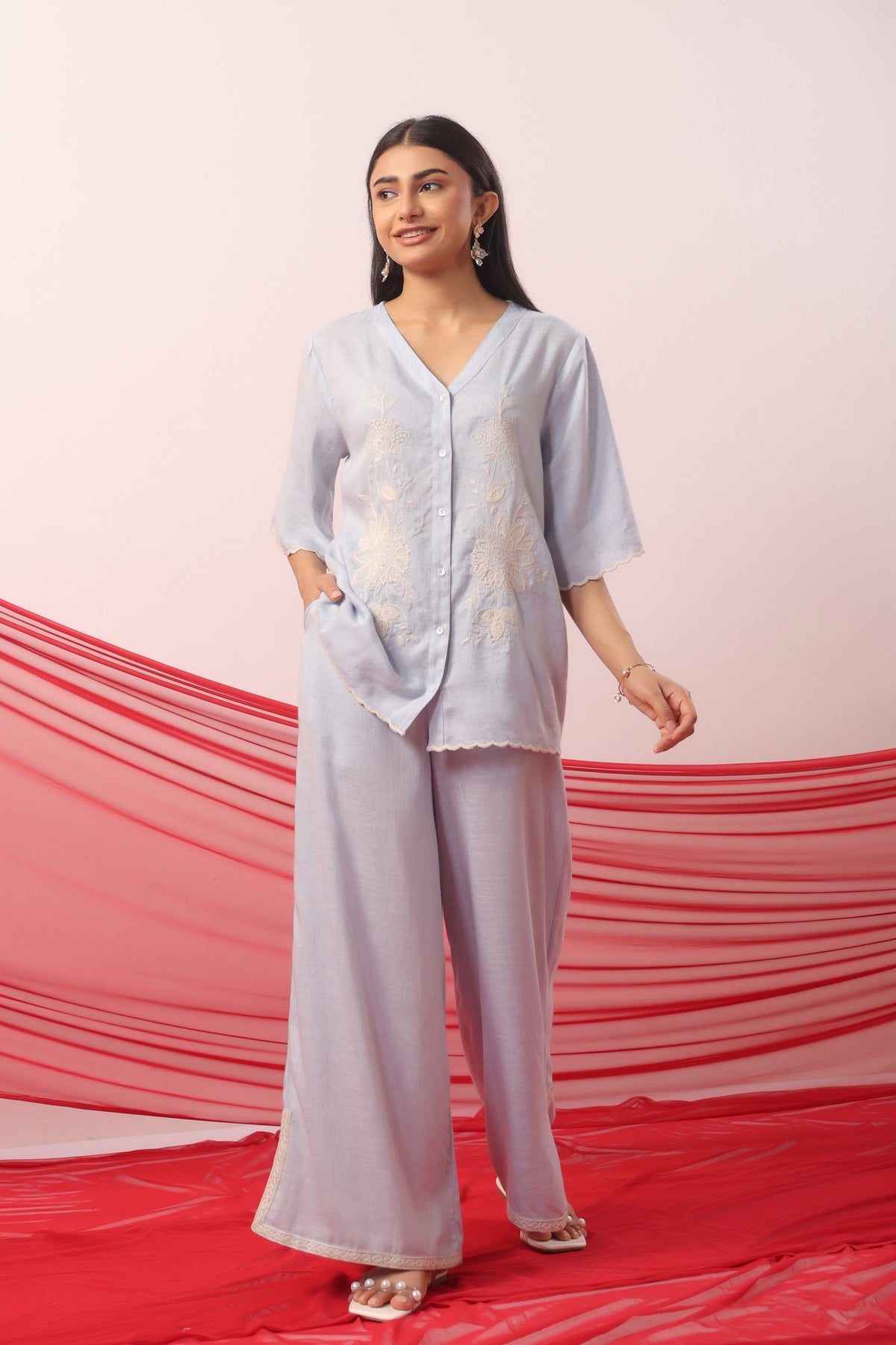 Pastel Blue Botanical Embroidered Palazzo Co-ord Set