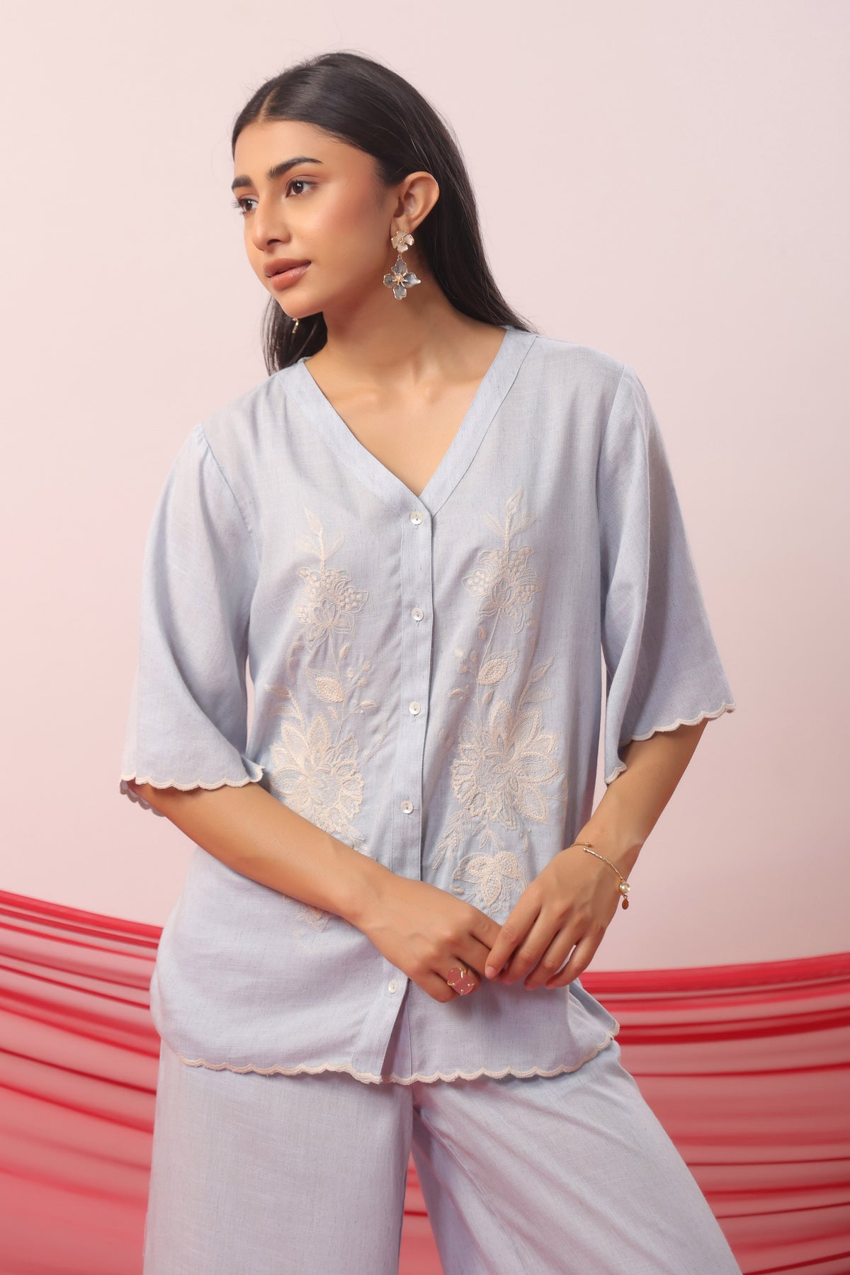 Pastel Blue Botanical Embroidered Palazzo Co-ord Set