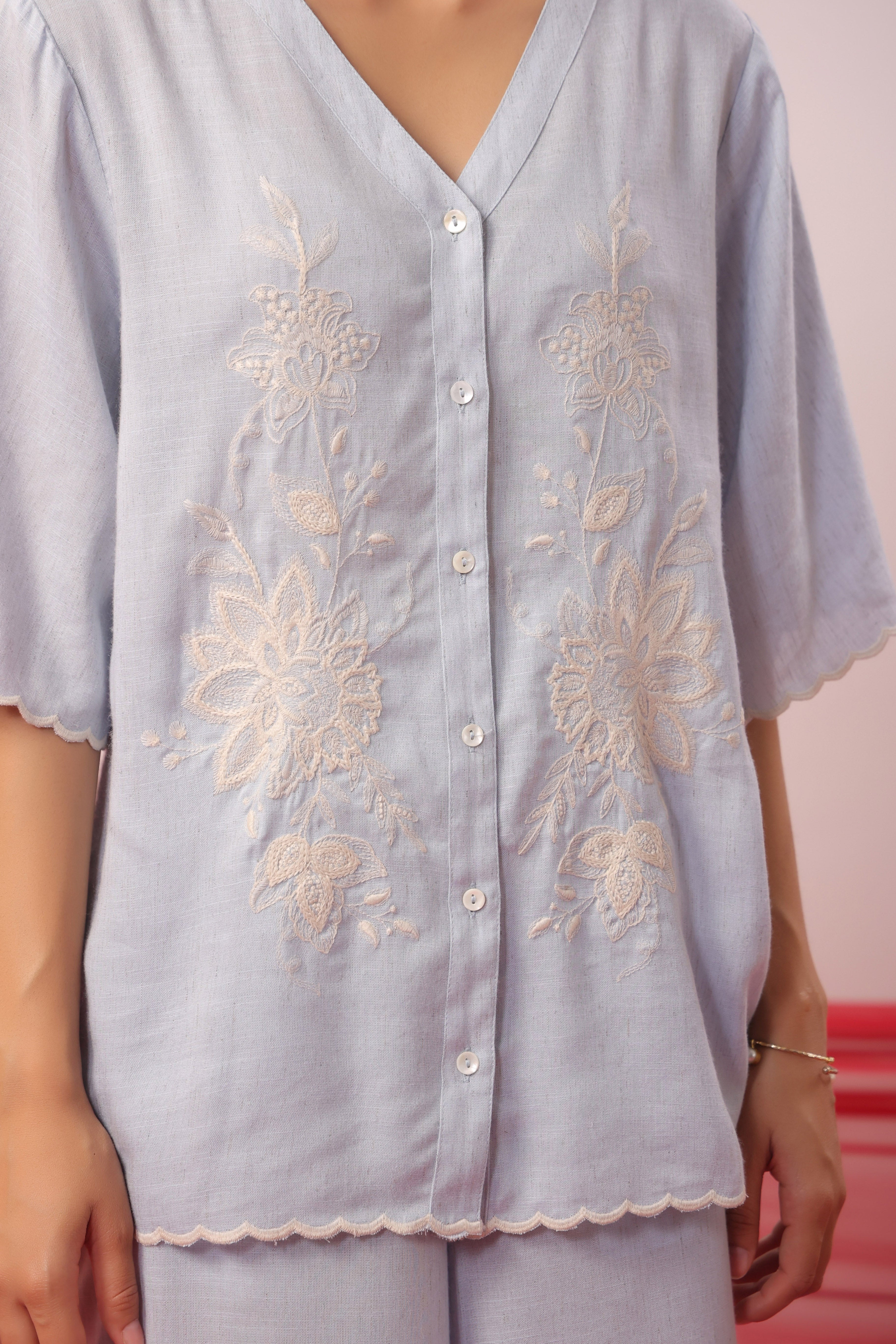 Pastel Blue Botanical Embroidered Palazzo Co-ord Set