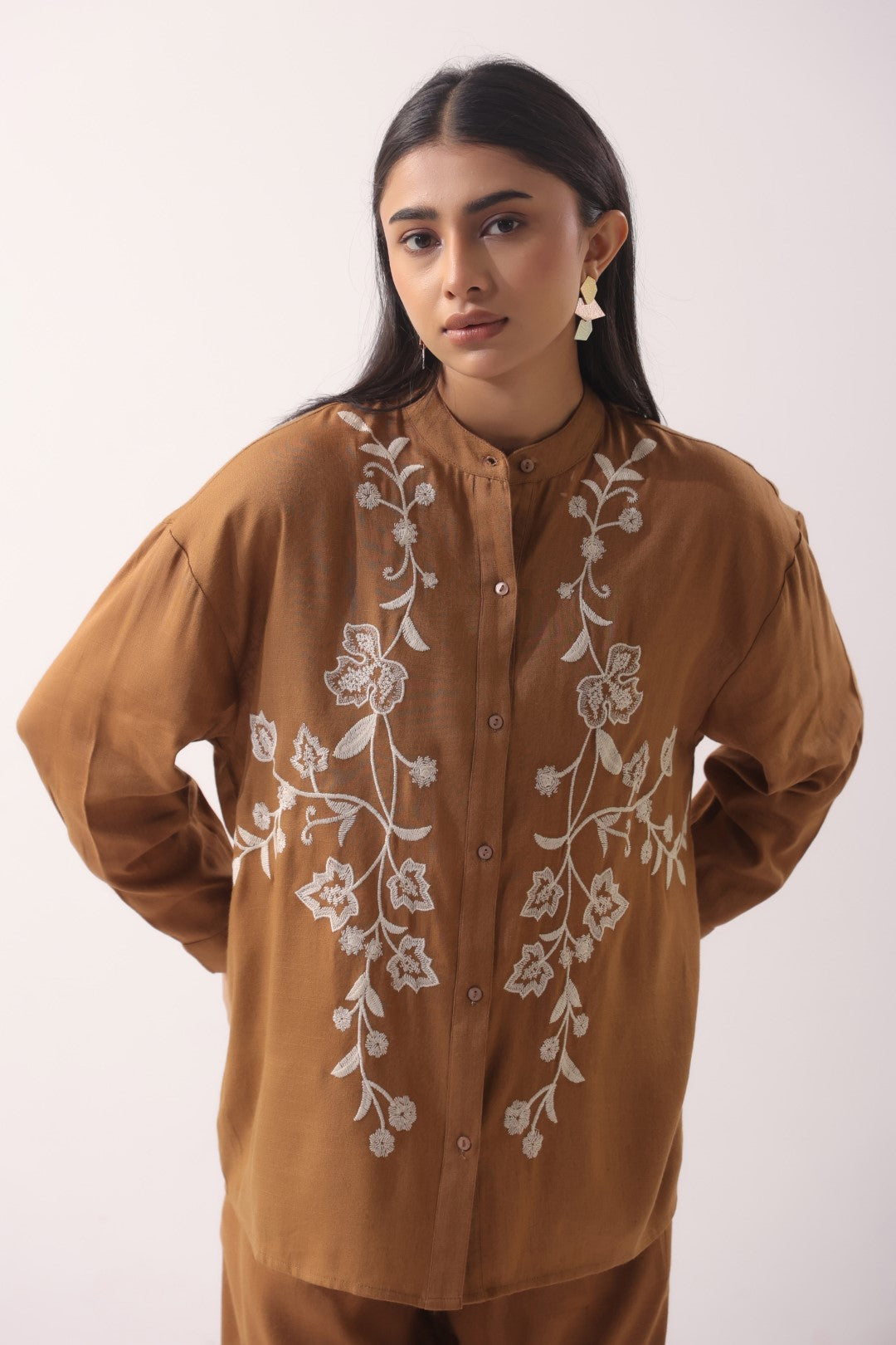 Cinnamon Brown Botanical Embroidered Shirt Co-ord Set