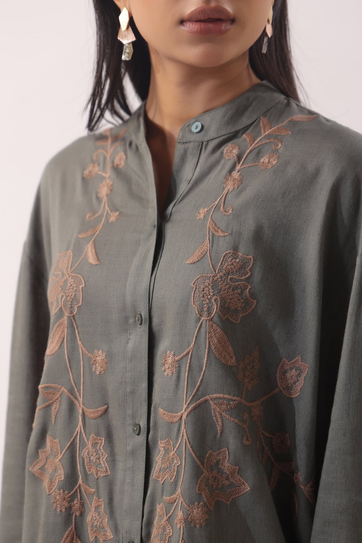 Slate Grey Botanical Embroidered Wide-Leg Co-ord Set