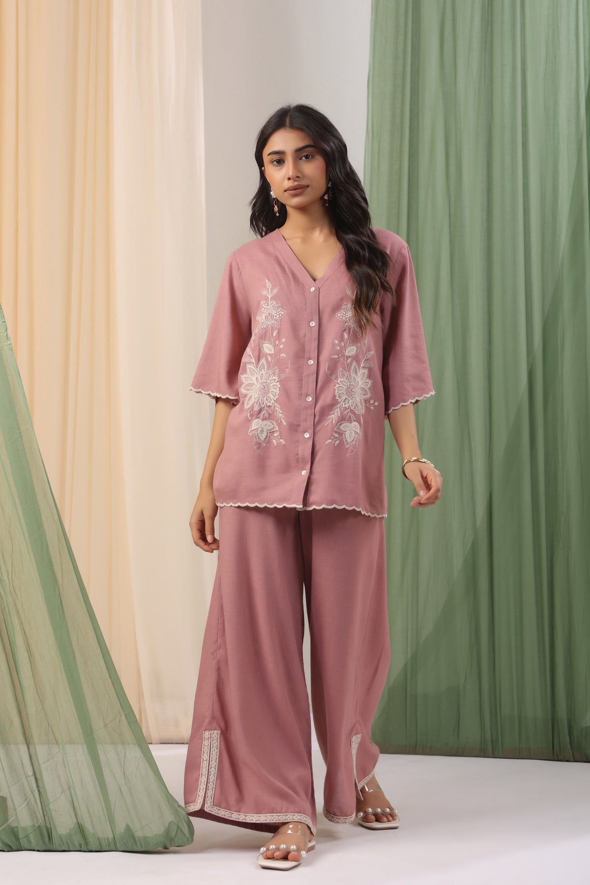 Dusty Rose Floral Embroidered Wide-Leg Co-ord Set