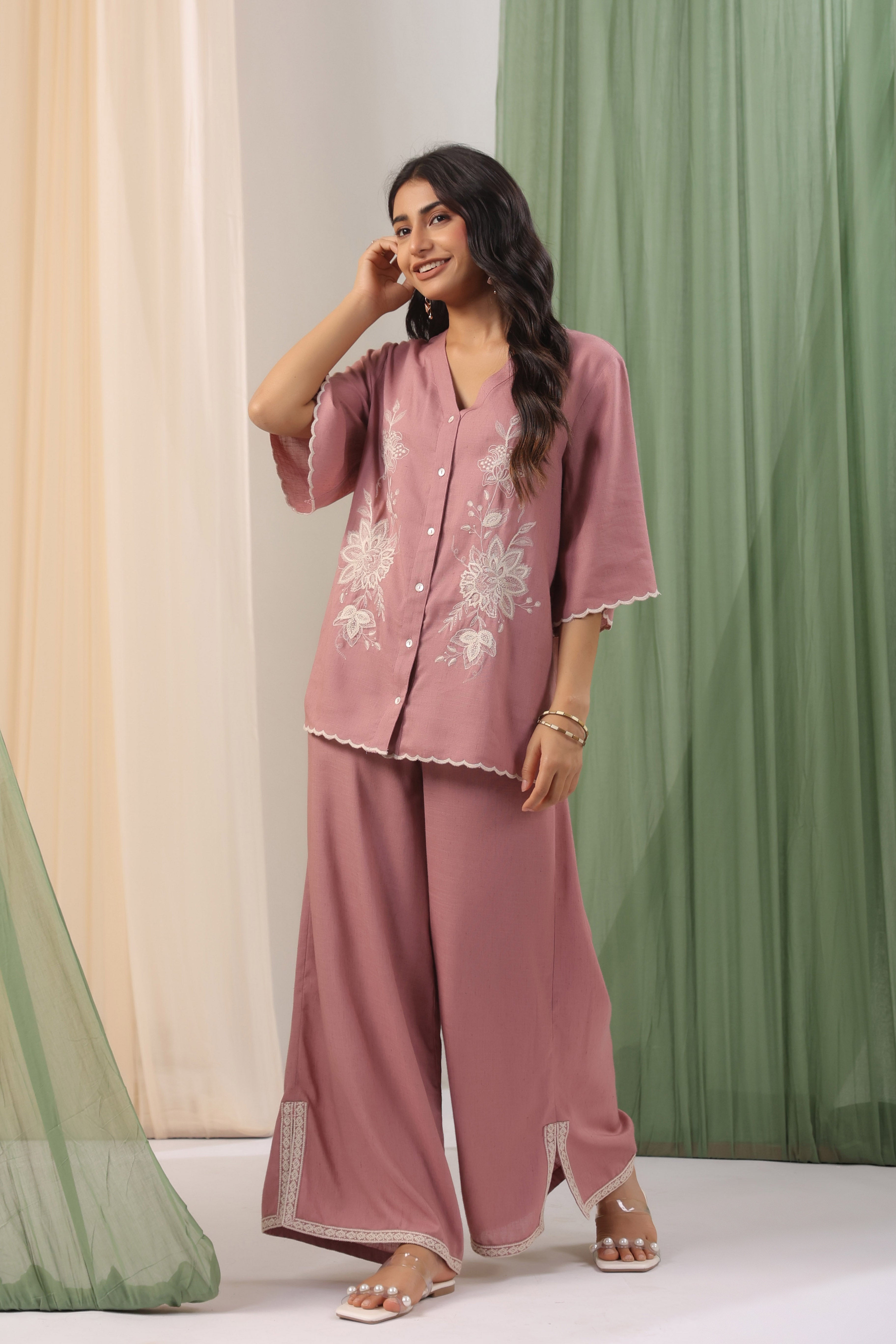 Dusty Rose Floral Embroidered Wide-Leg Co-ord Set