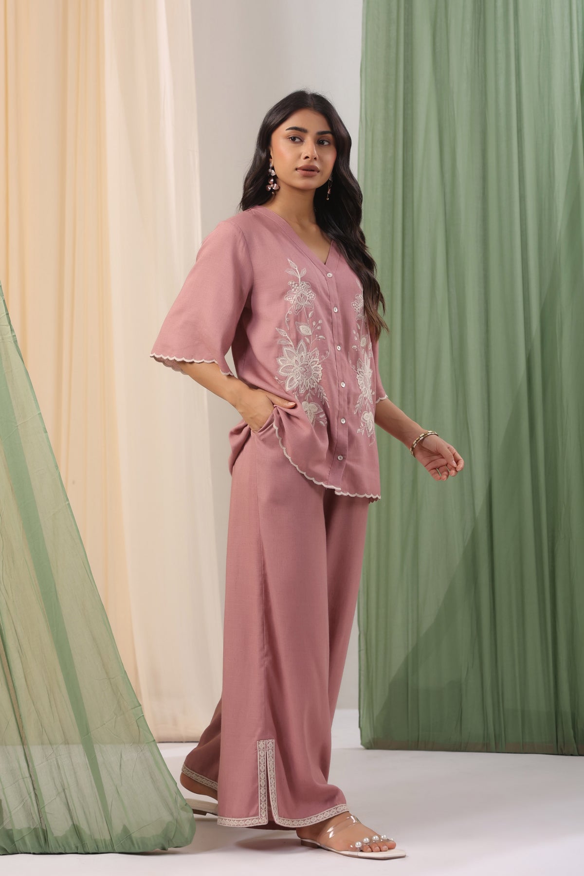 Dusty Rose Floral Embroidered Wide-Leg Co-ord Set