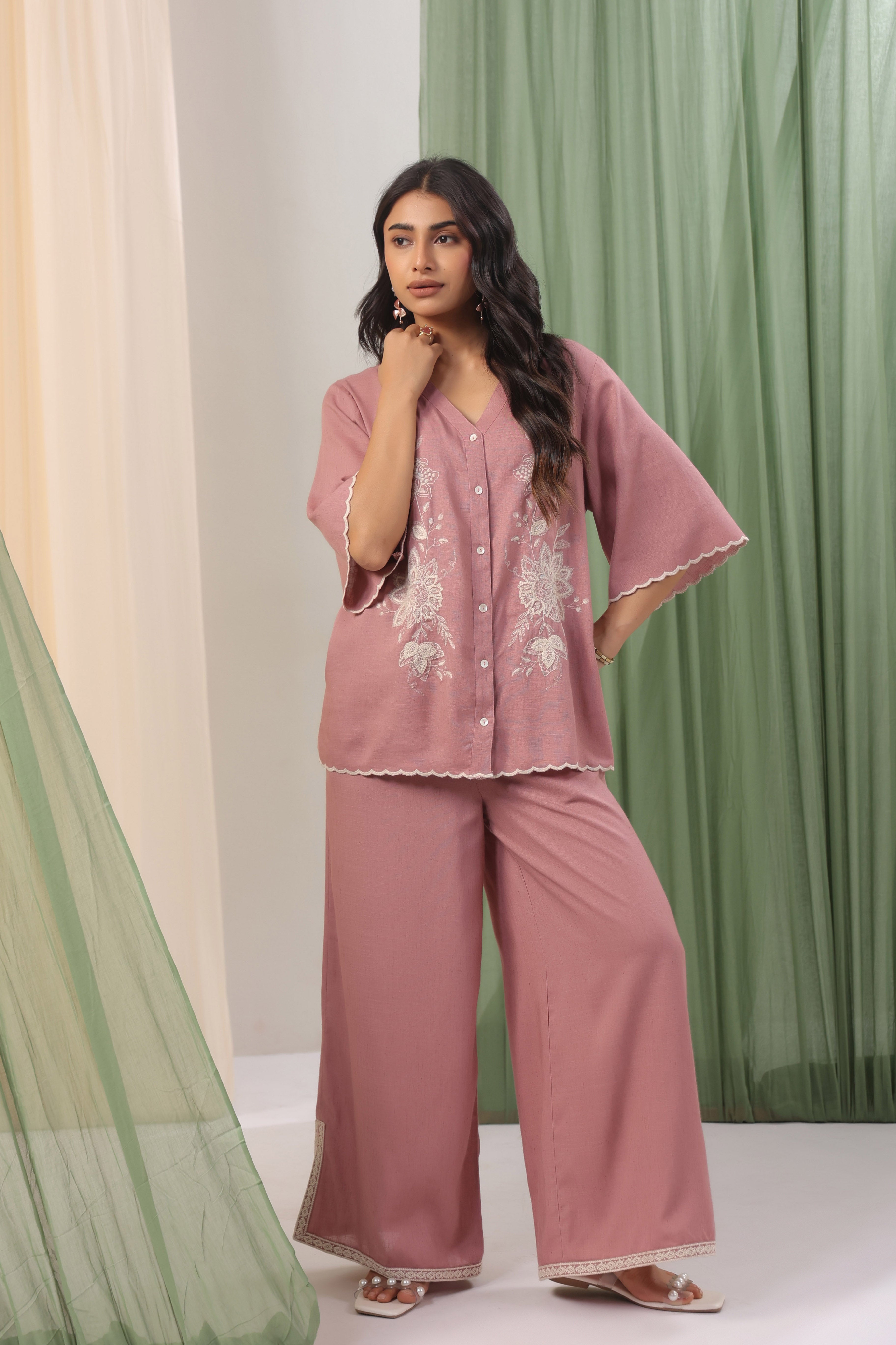 Dusty Rose Floral Embroidered Wide-Leg Co-ord Set