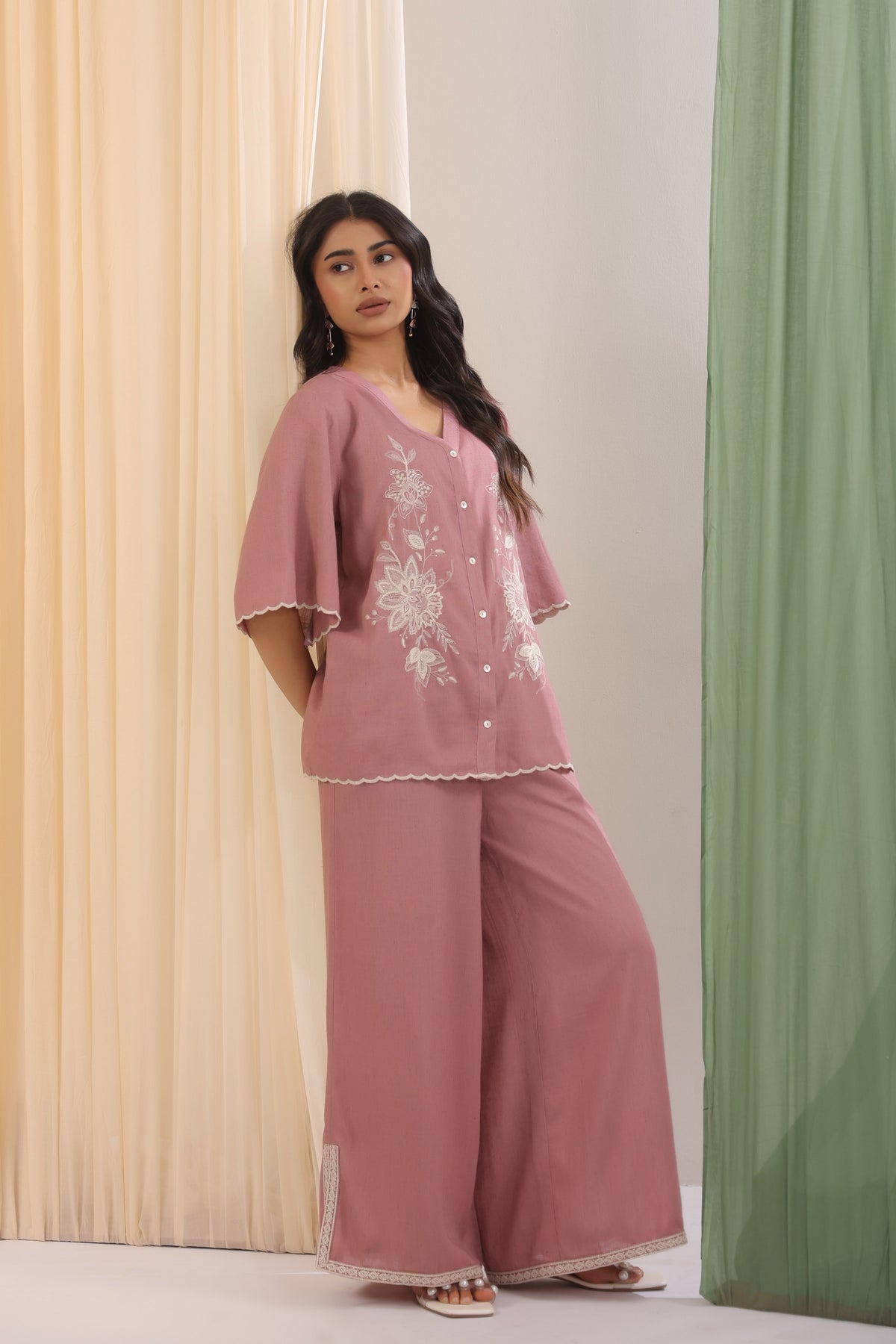 Dusty Rose Floral Embroidered Wide-Leg Co-ord Set