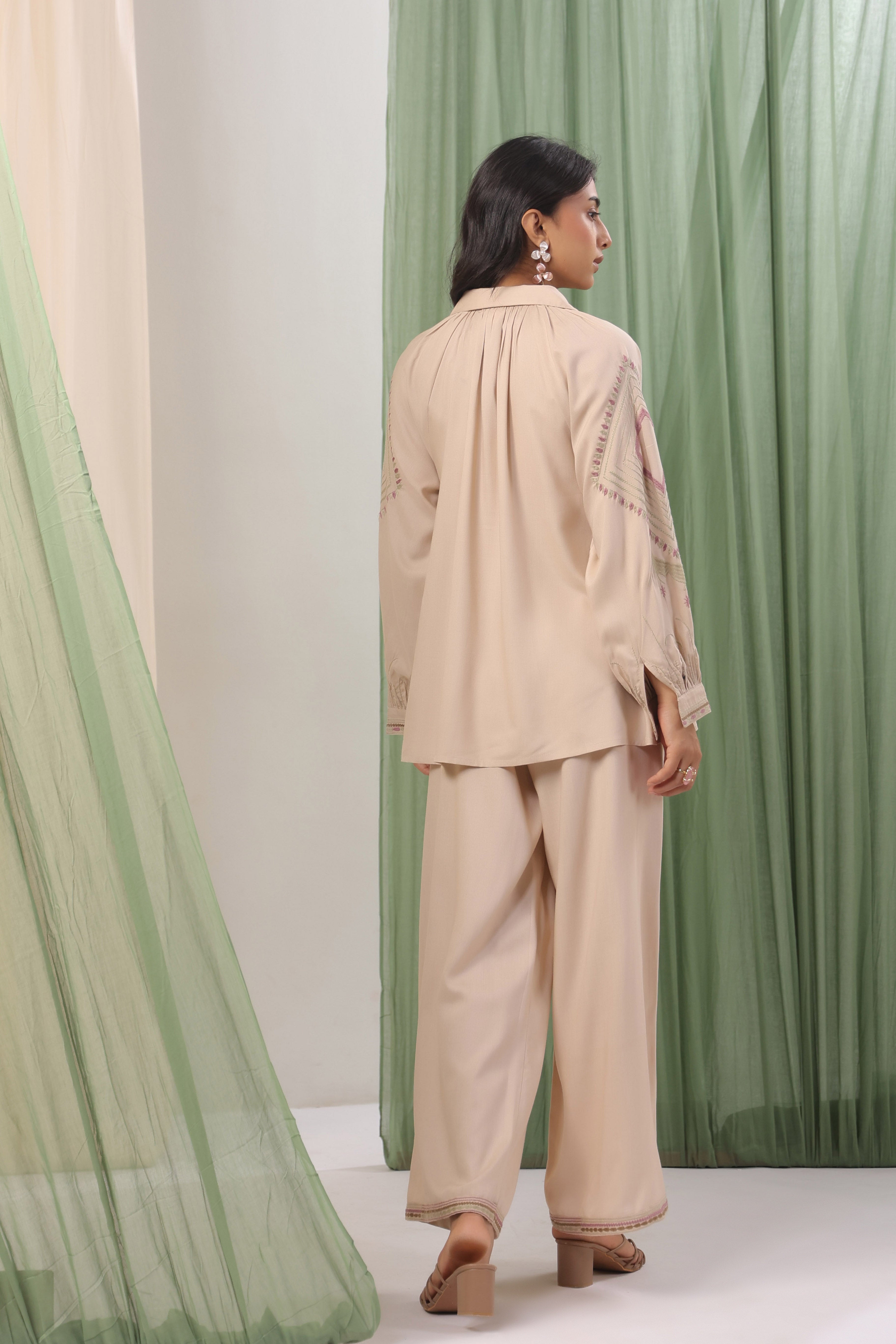 Sand Beige Embroidered Relaxed Shirt Co-ord Set