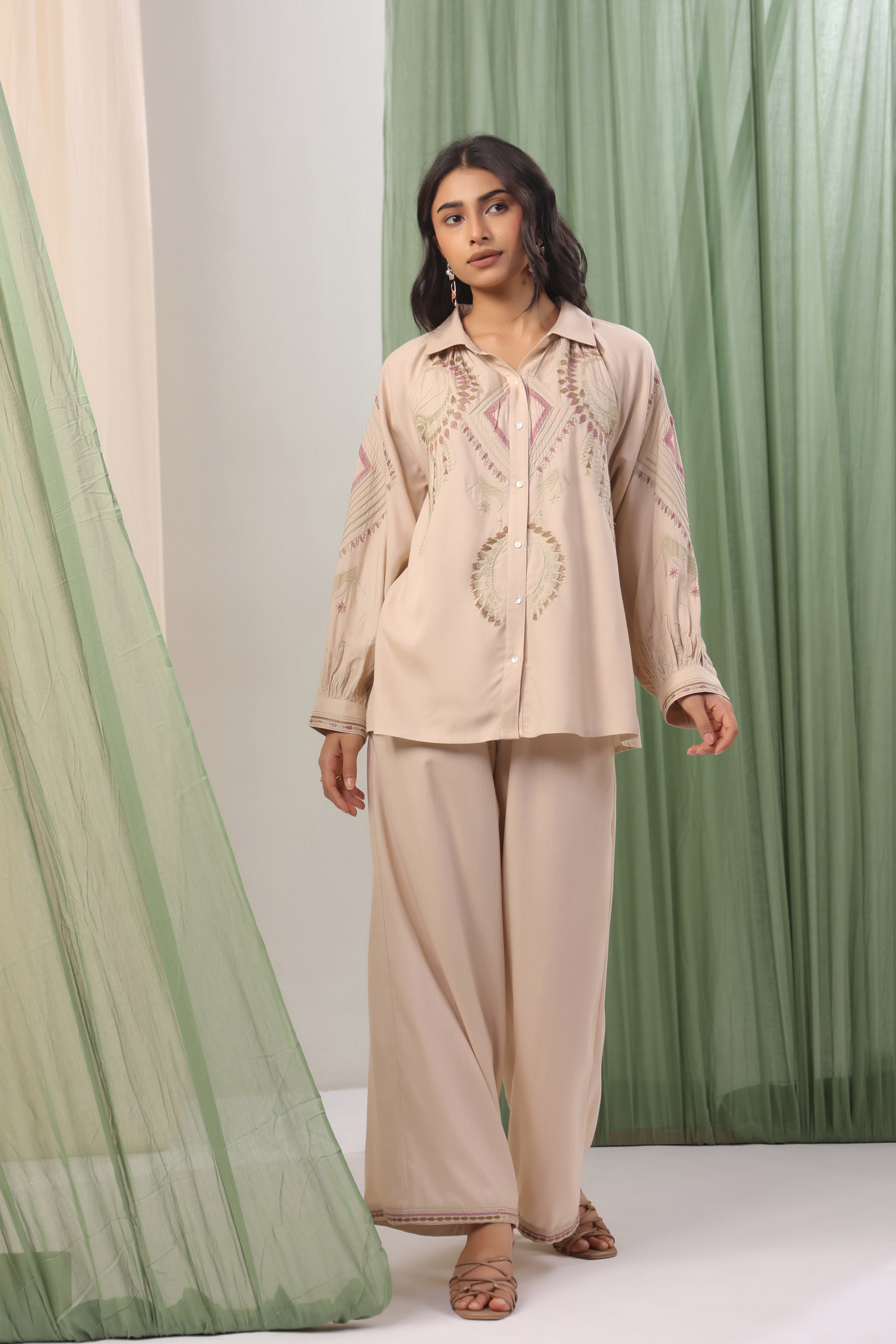 Sand Beige Embroidered Relaxed Shirt Co-ord Set