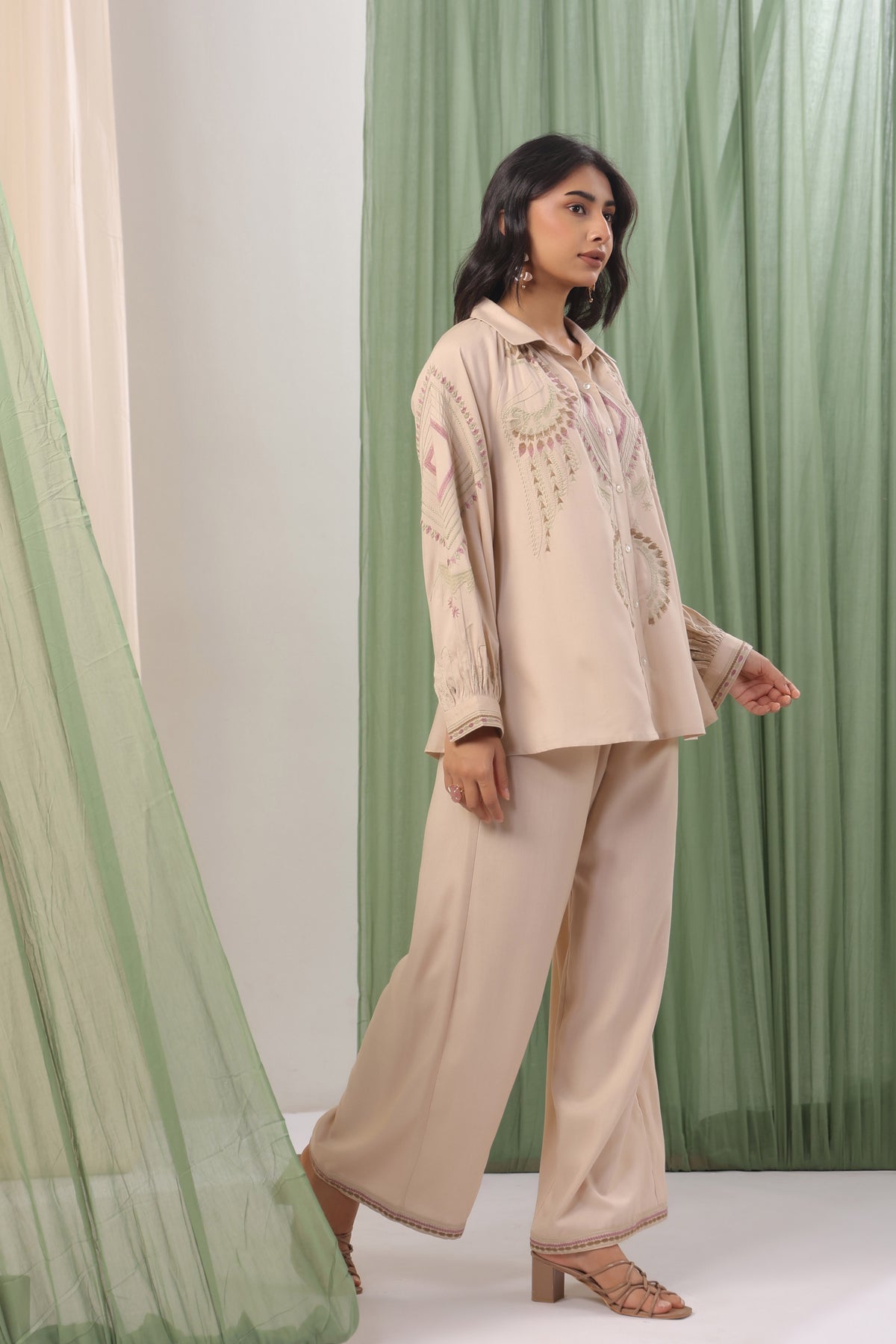 Sand Beige Embroidered Relaxed Shirt Co-ord Set