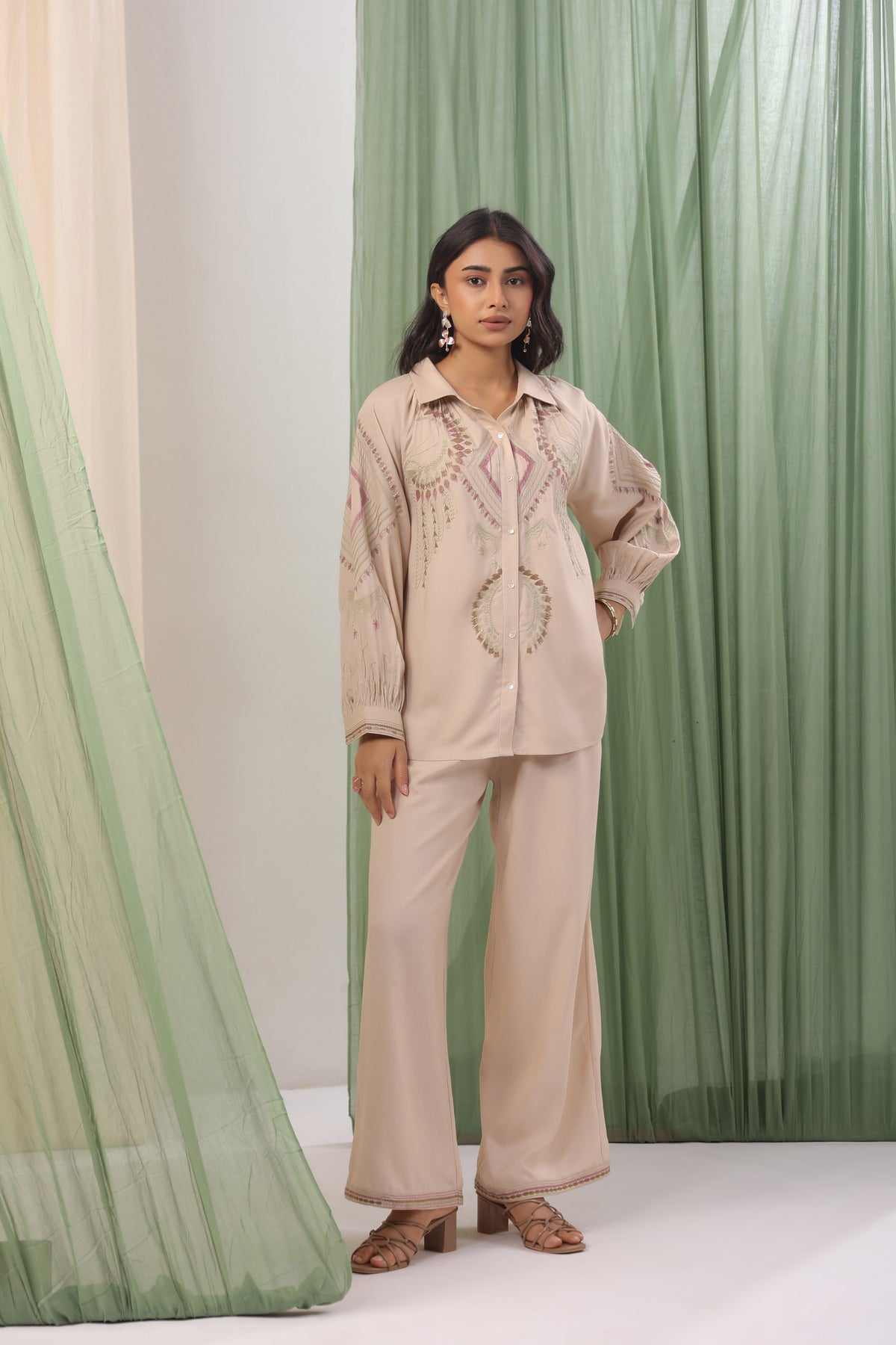 Sand Beige Embroidered Relaxed Shirt Co-ord Set
