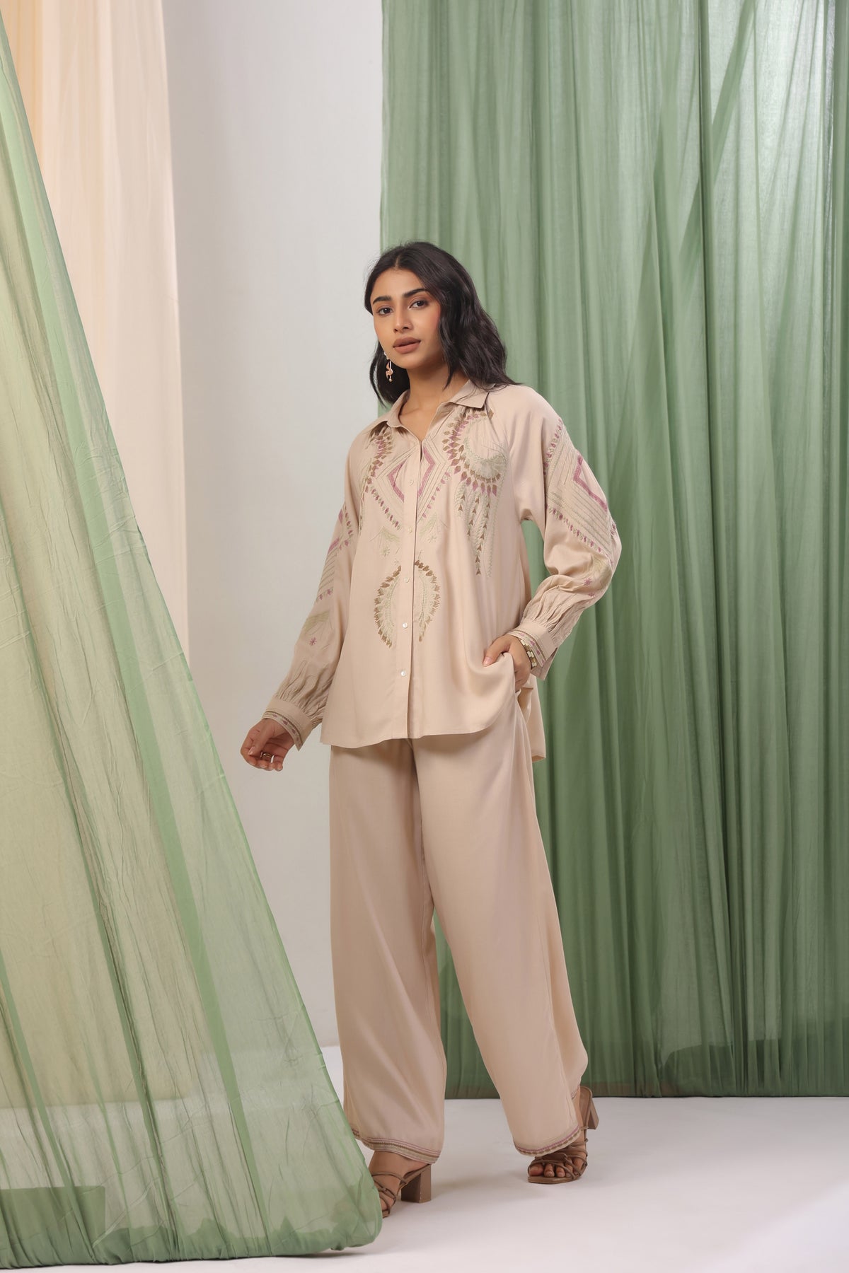 Sand Beige Embroidered Relaxed Shirt Co-ord Set