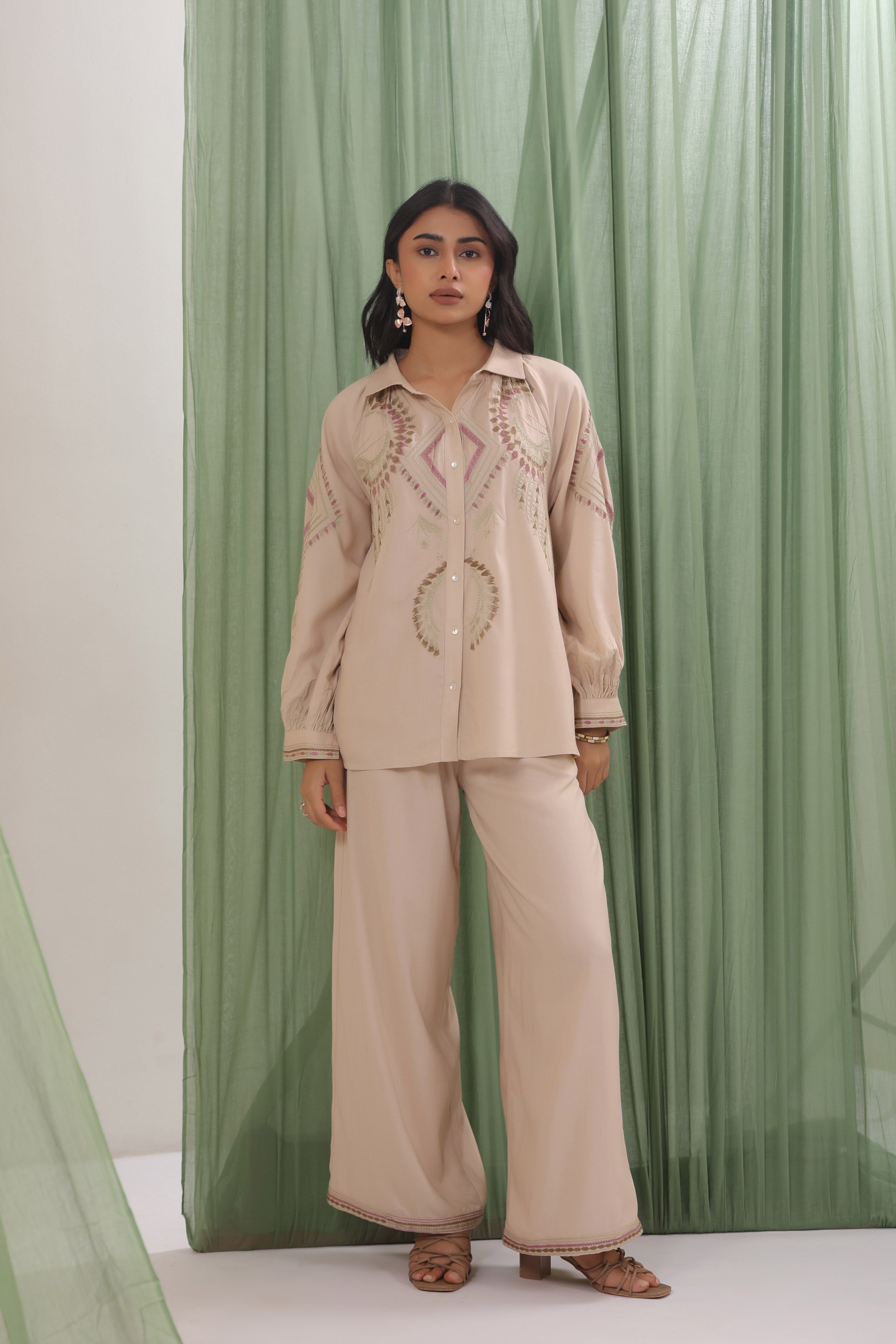Sand Beige Embroidered Relaxed Shirt Co-ord Set