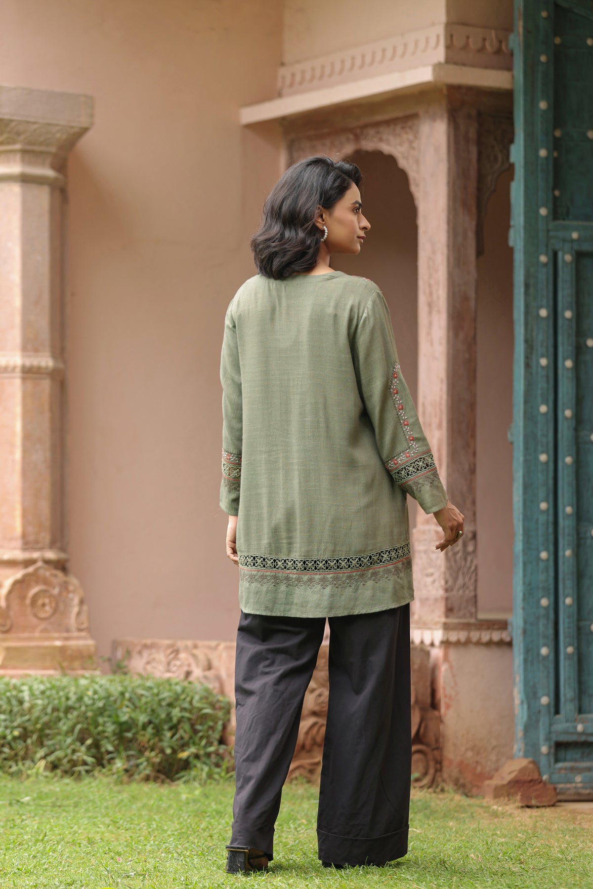 Olive Green Floral Embroidered Lace Detail Tunic Top