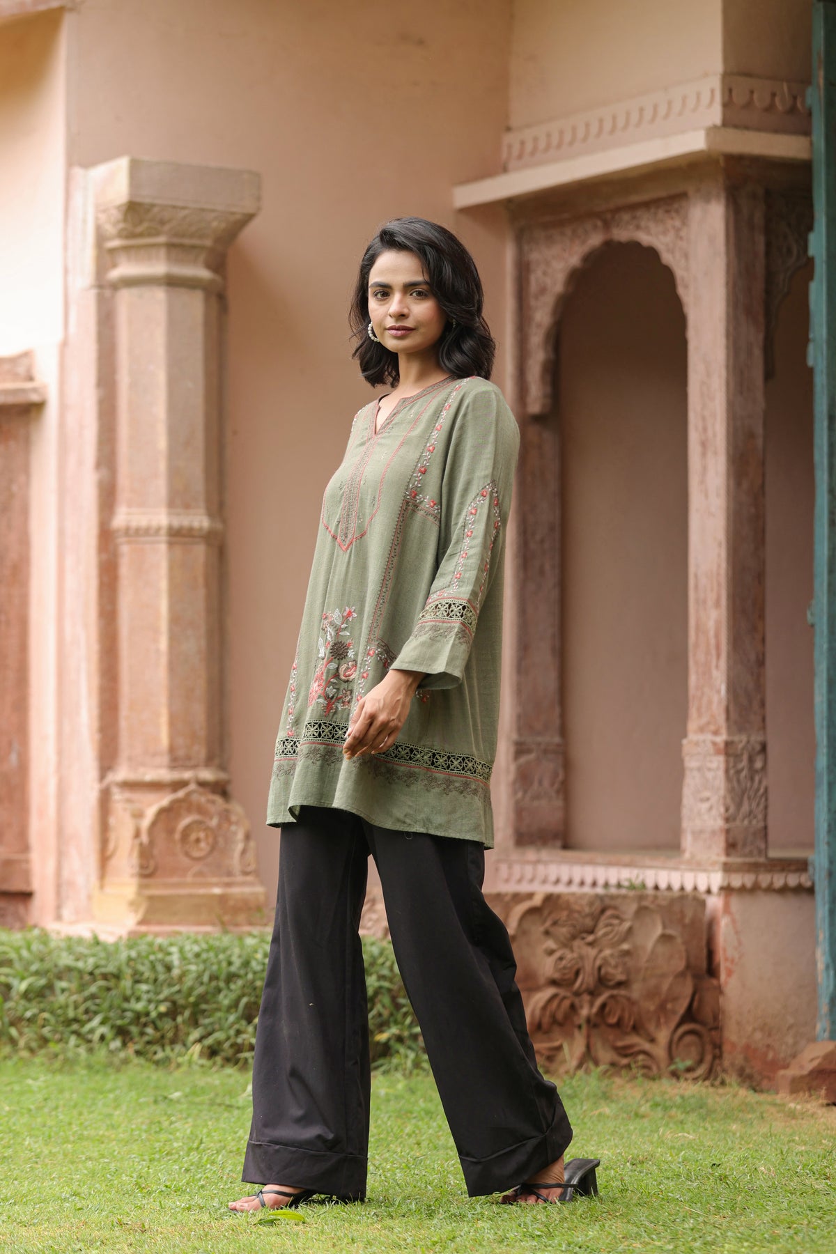 Olive Green Floral Embroidered Lace Detail Tunic Top