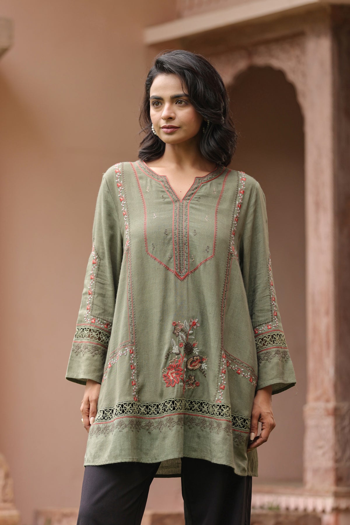 Olive Green Floral Embroidered Lace Detail Tunic Top