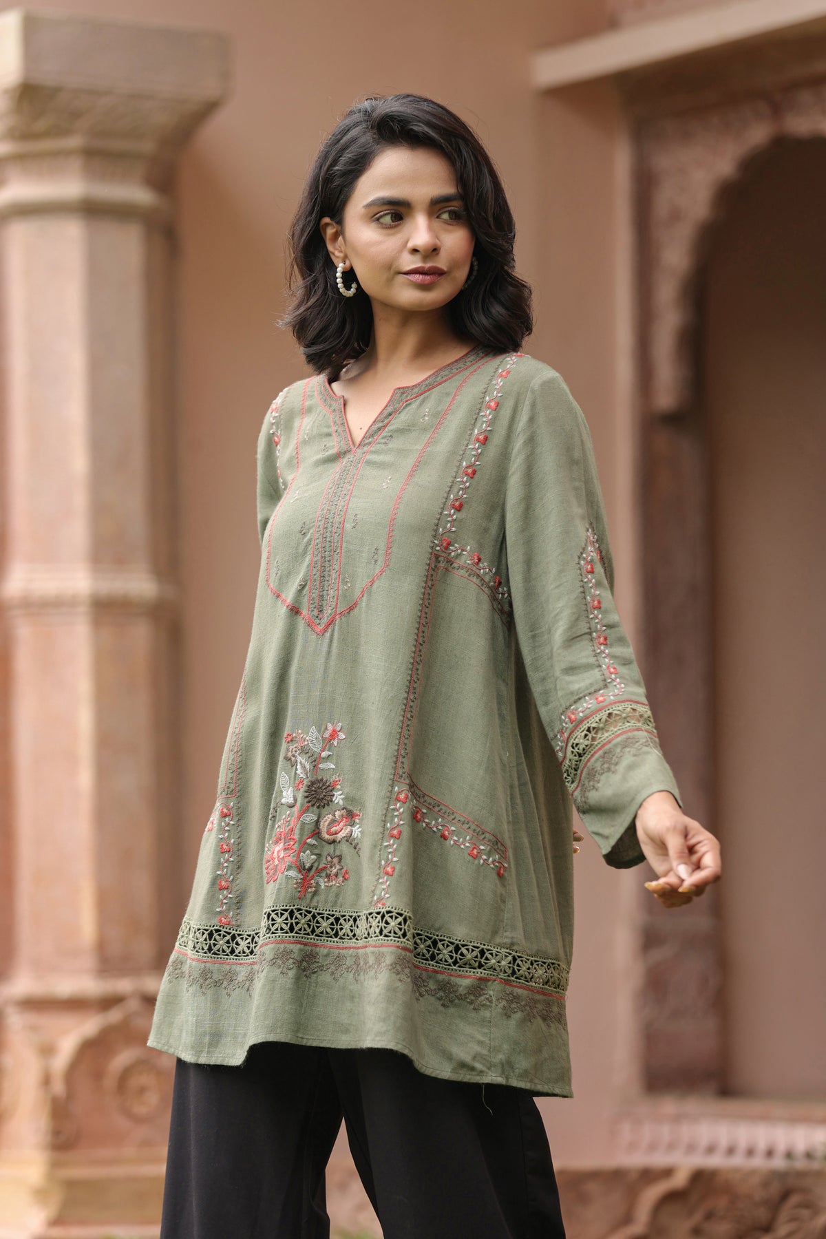 Olive Green Floral Embroidered Lace Detail Tunic Top