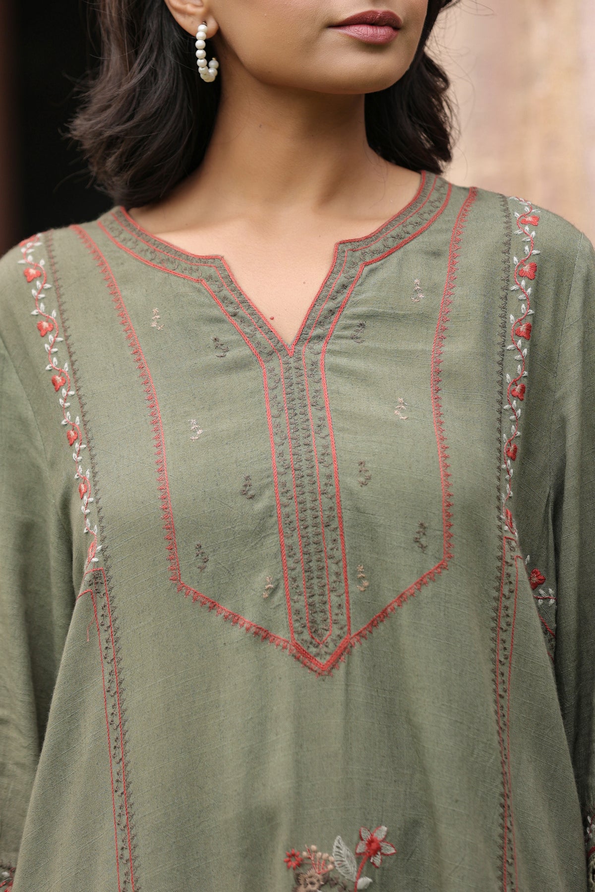 Olive Green Floral Embroidered Lace Detail Tunic Top