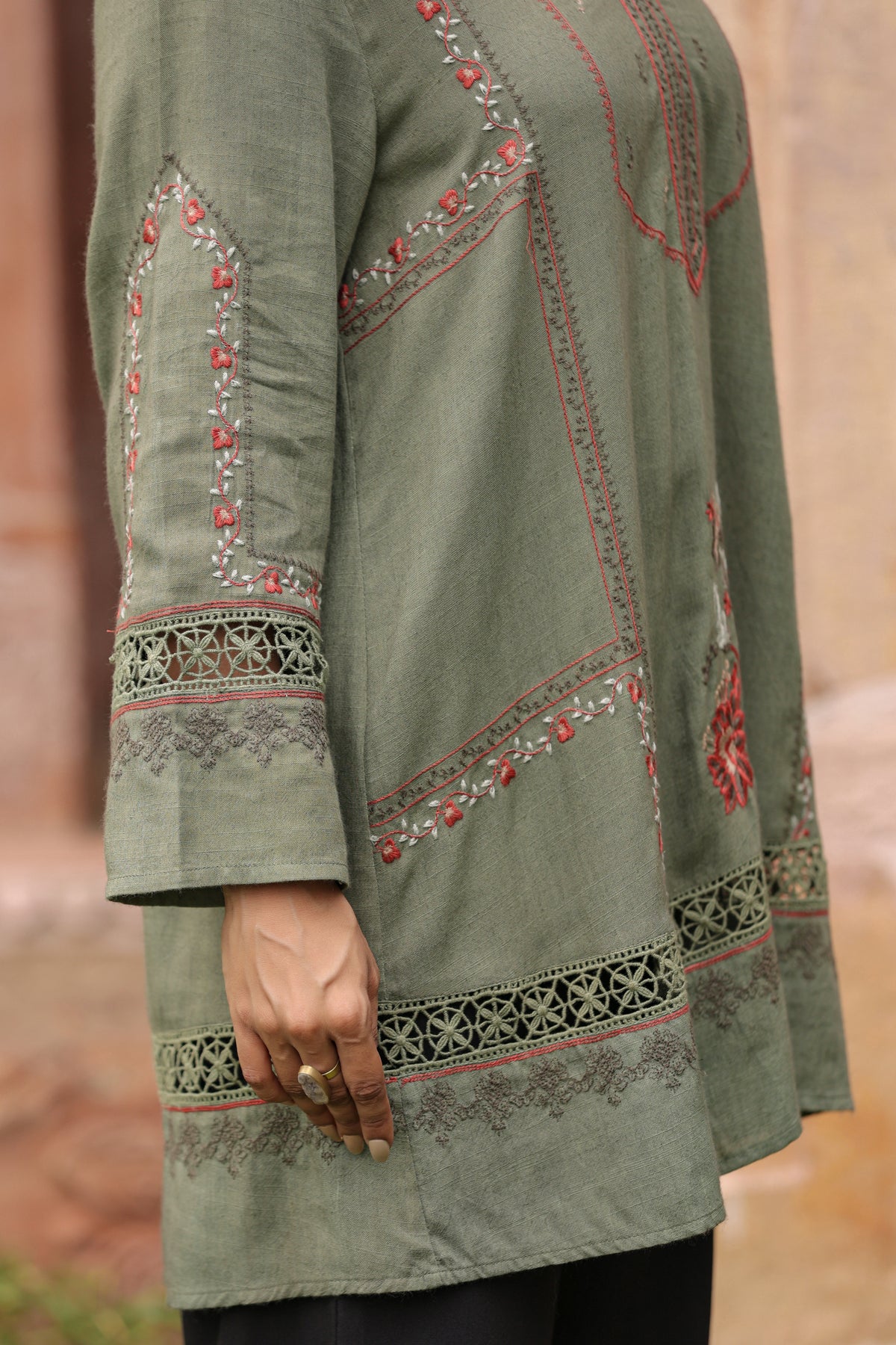 Olive Green Floral Embroidered Lace Detail Tunic Top