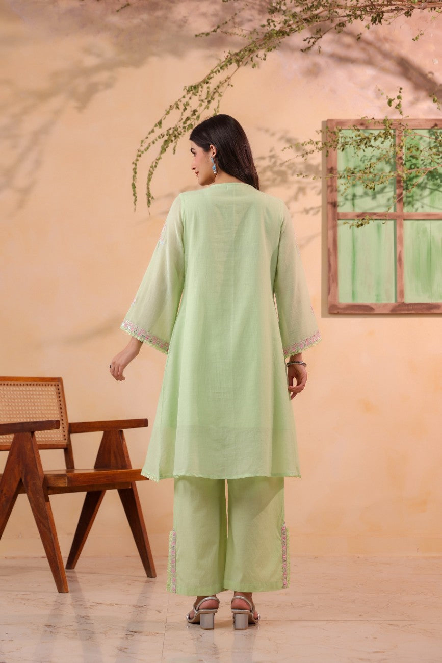Premium Pastel Green Embroidered Ethnic Kurta Pant Set