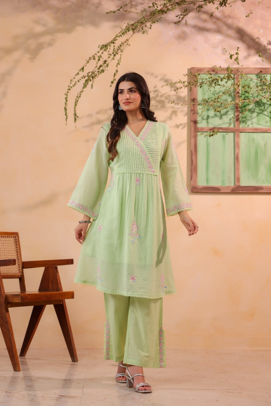 Premium Pastel Green Embroidered Ethnic Kurta Pant Set