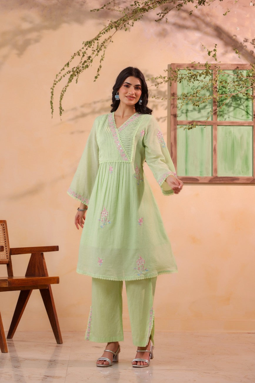 Premium Pastel Green Embroidered Ethnic Kurta Pant Set