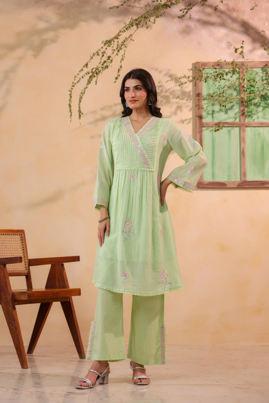 Premium Pastel Green Embroidered Ethnic Kurta Pant Set