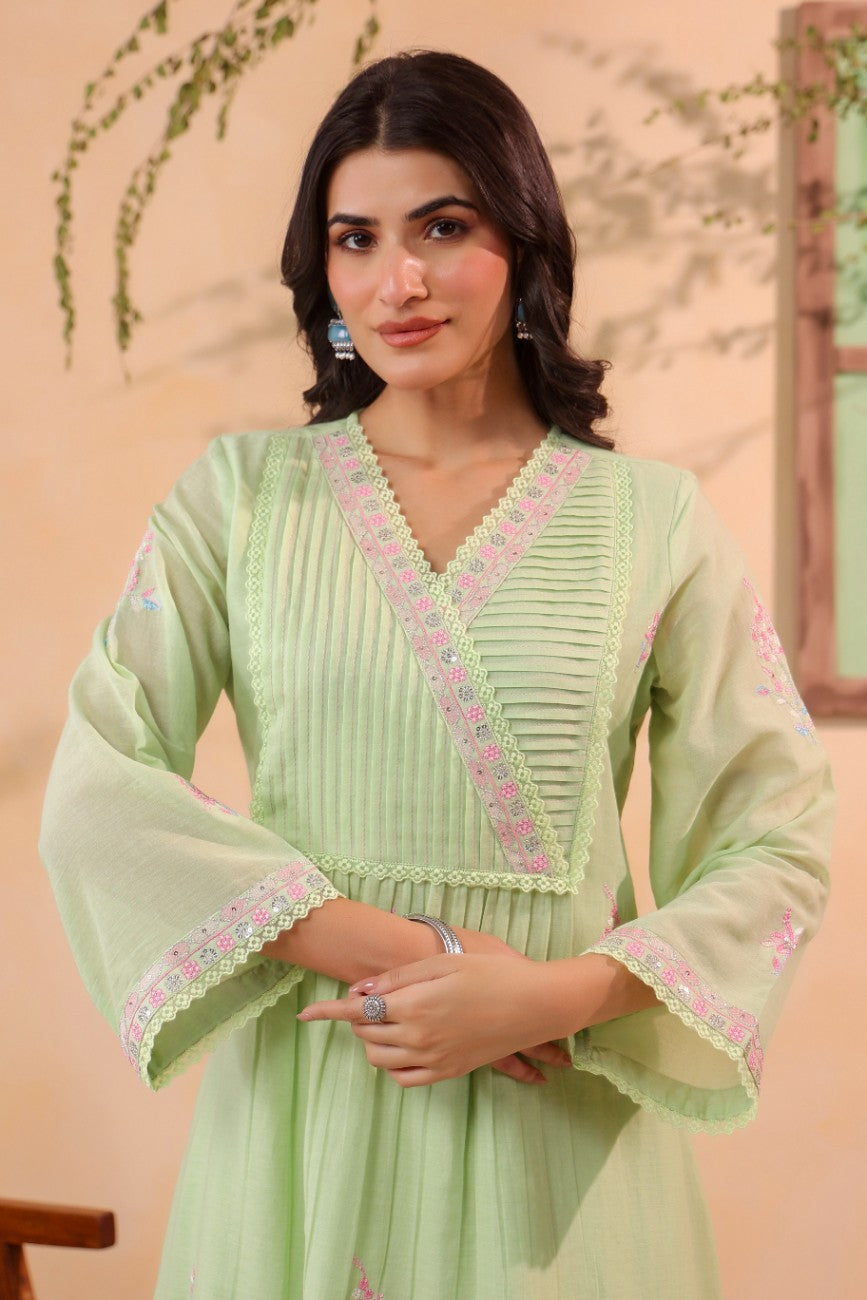 Premium Pastel Green Embroidered Ethnic Kurta Pant Set