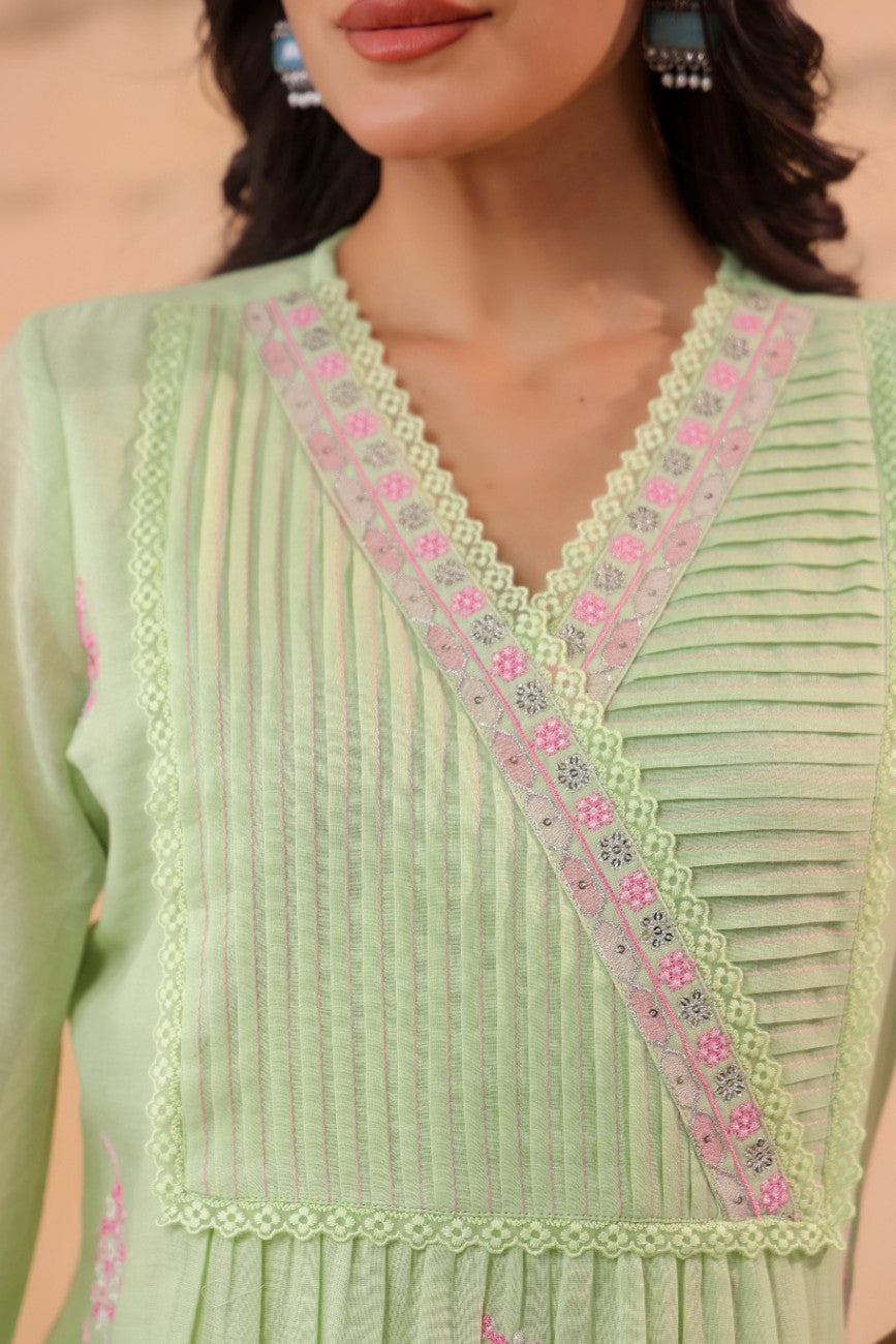 Premium Pastel Green Embroidered Ethnic Kurta Pant Set