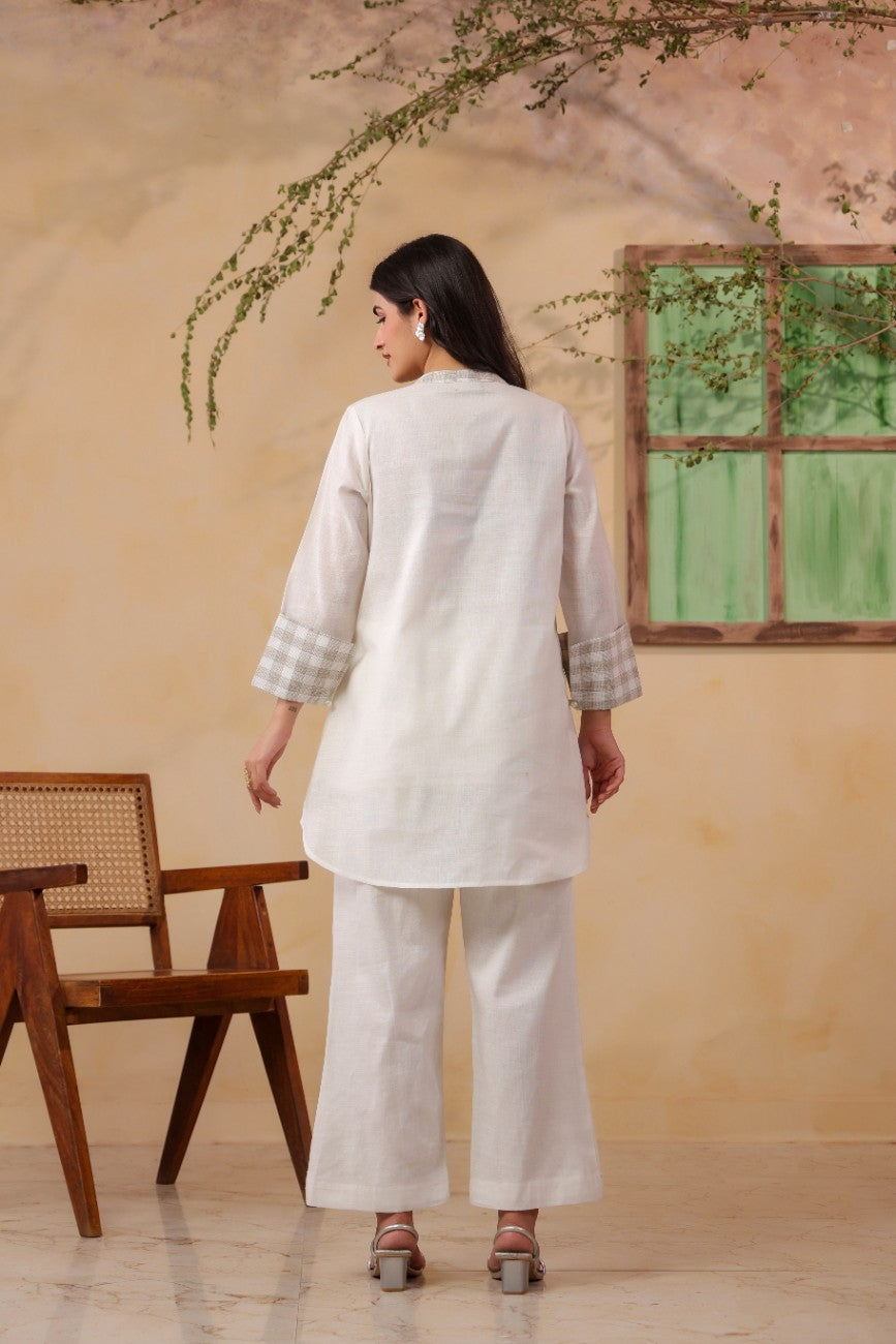 Off-White Linen Checked Tunic and Trousers Co-Ord Set