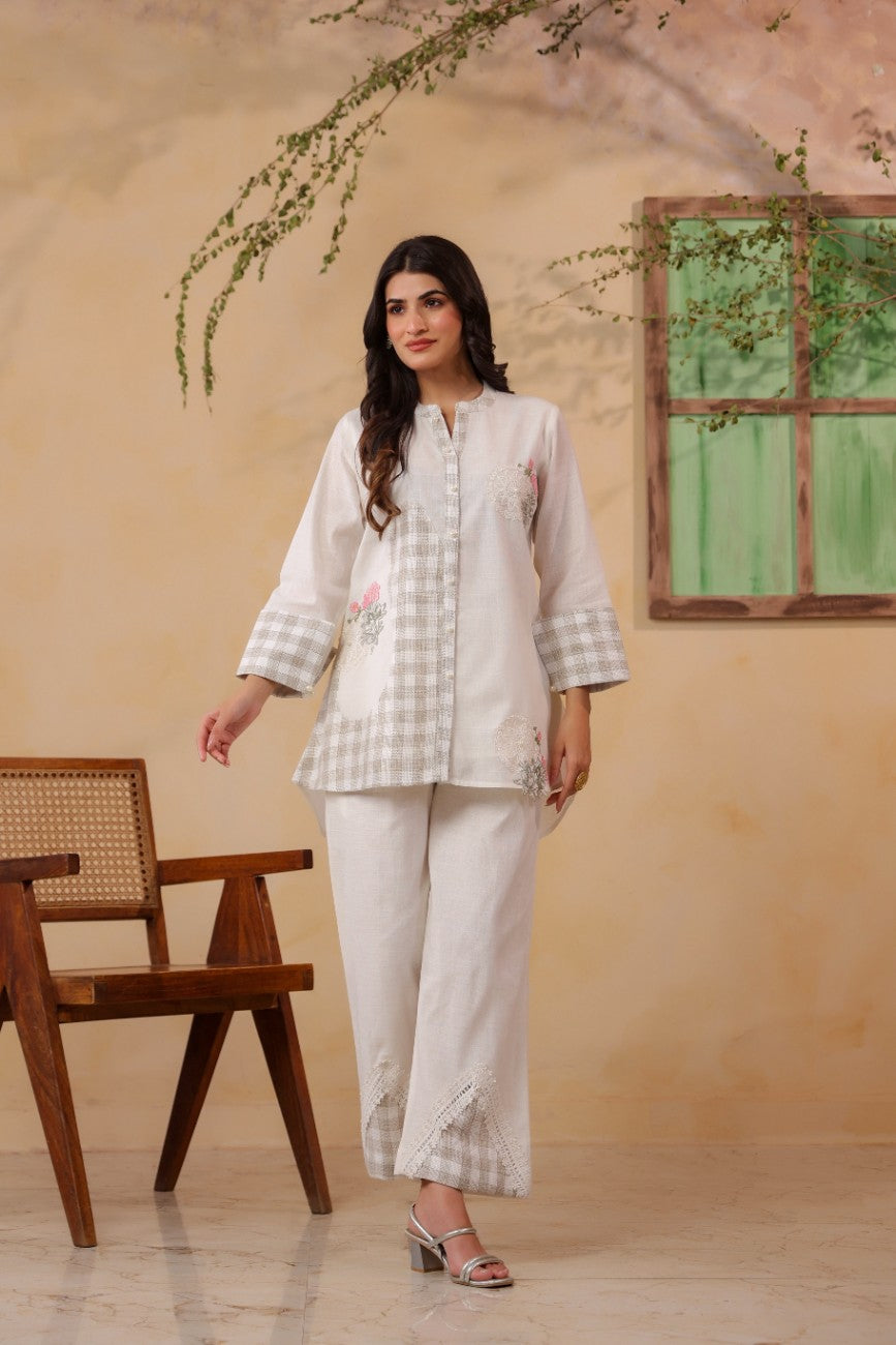 Off-White Linen Checked Tunic and Trousers Co-Ord Set
