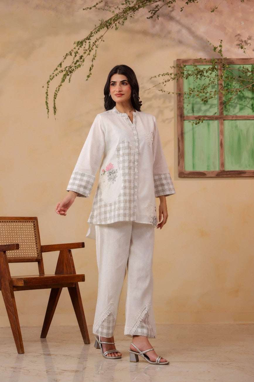 Off-White Linen Checked Tunic and Trousers Co-Ord Set