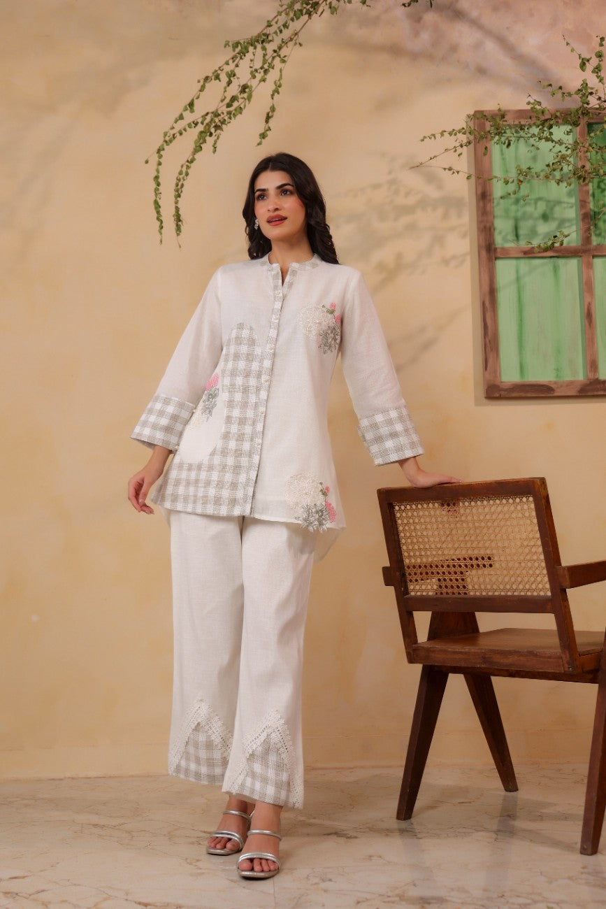 Off-White Linen Checked Tunic and Trousers Co-Ord Set